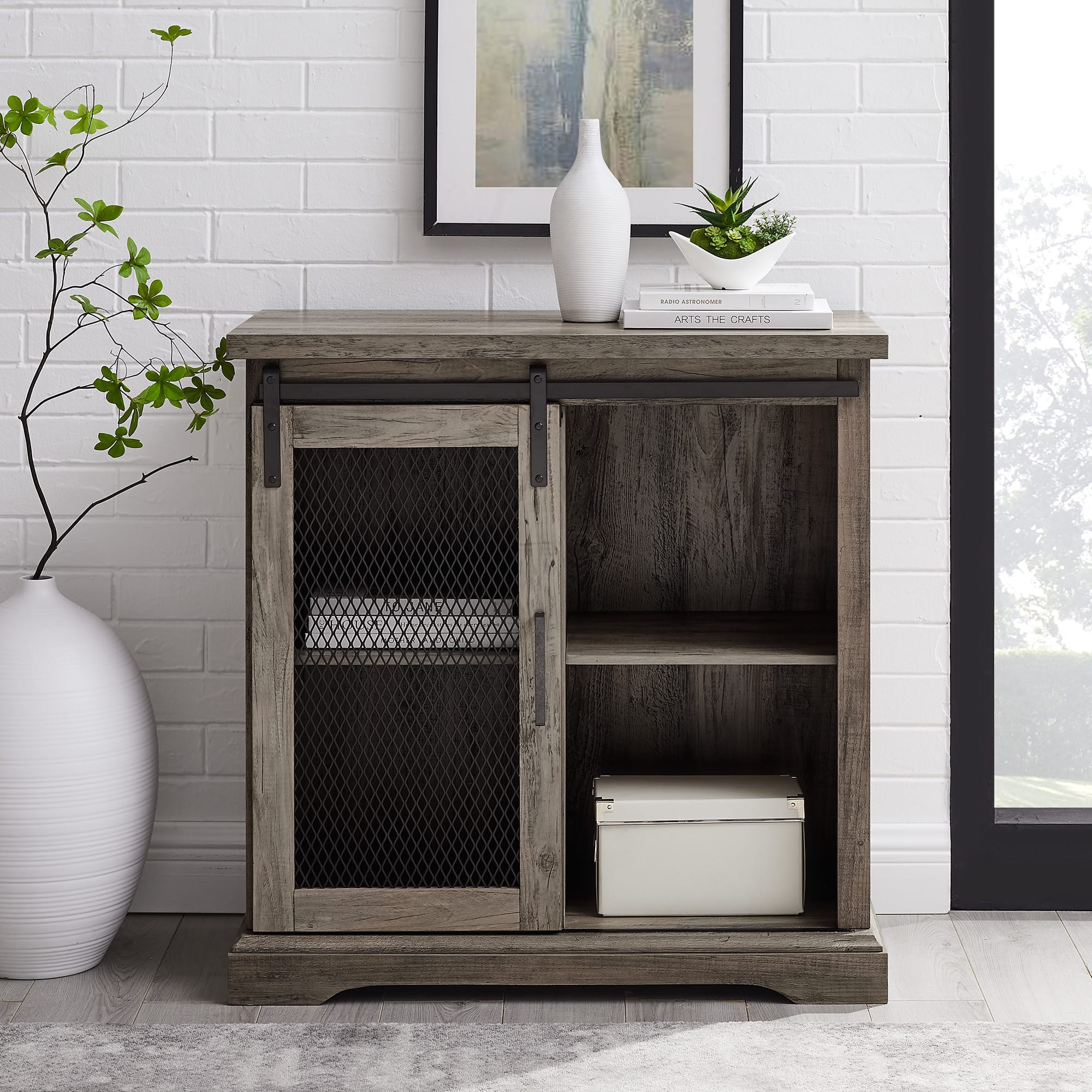 Edison Walker 32" Grey Wash Sliding Mesh Metal Door Accent Cabinet