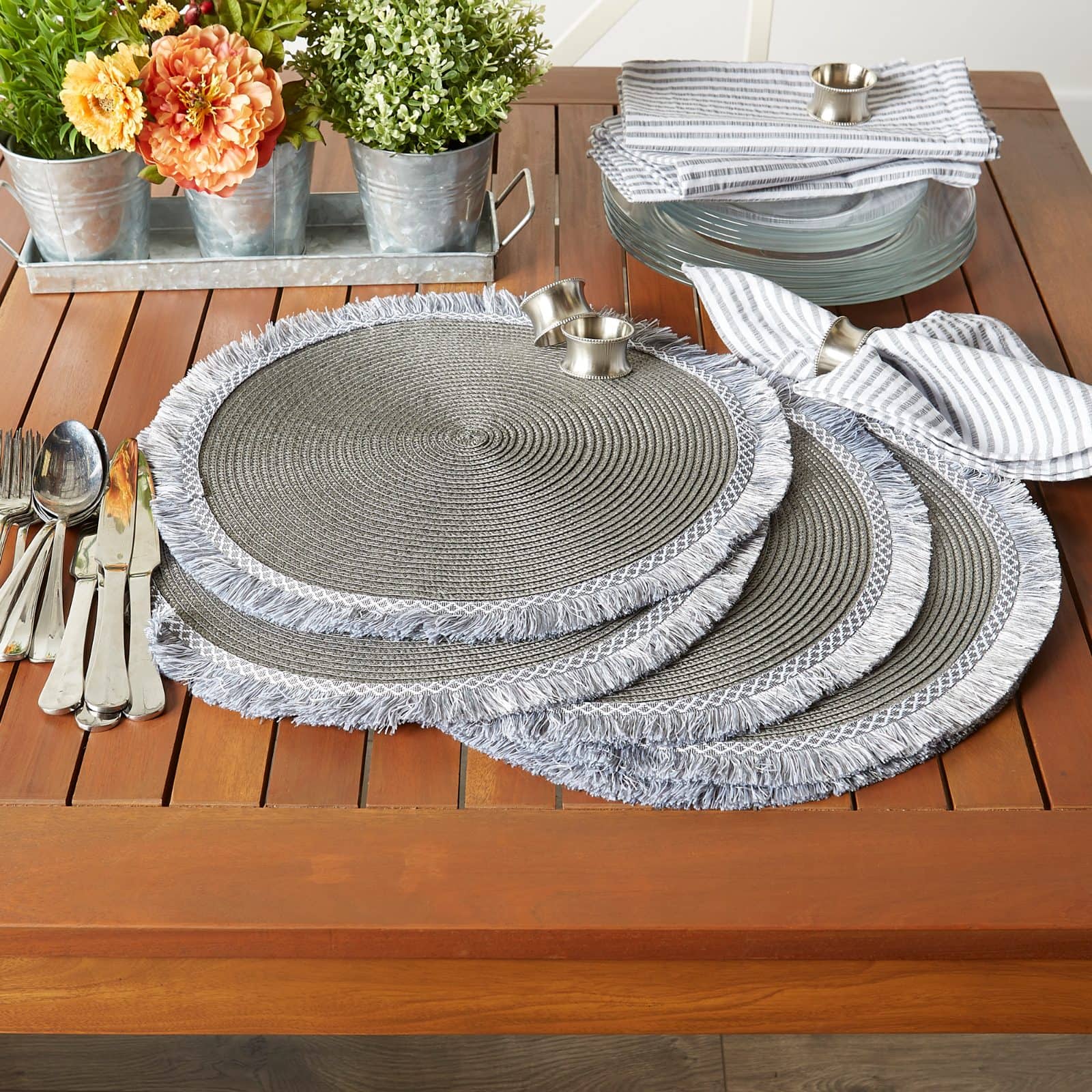DII® 15" Round Gray Fringed Placemat Set, 6ct.