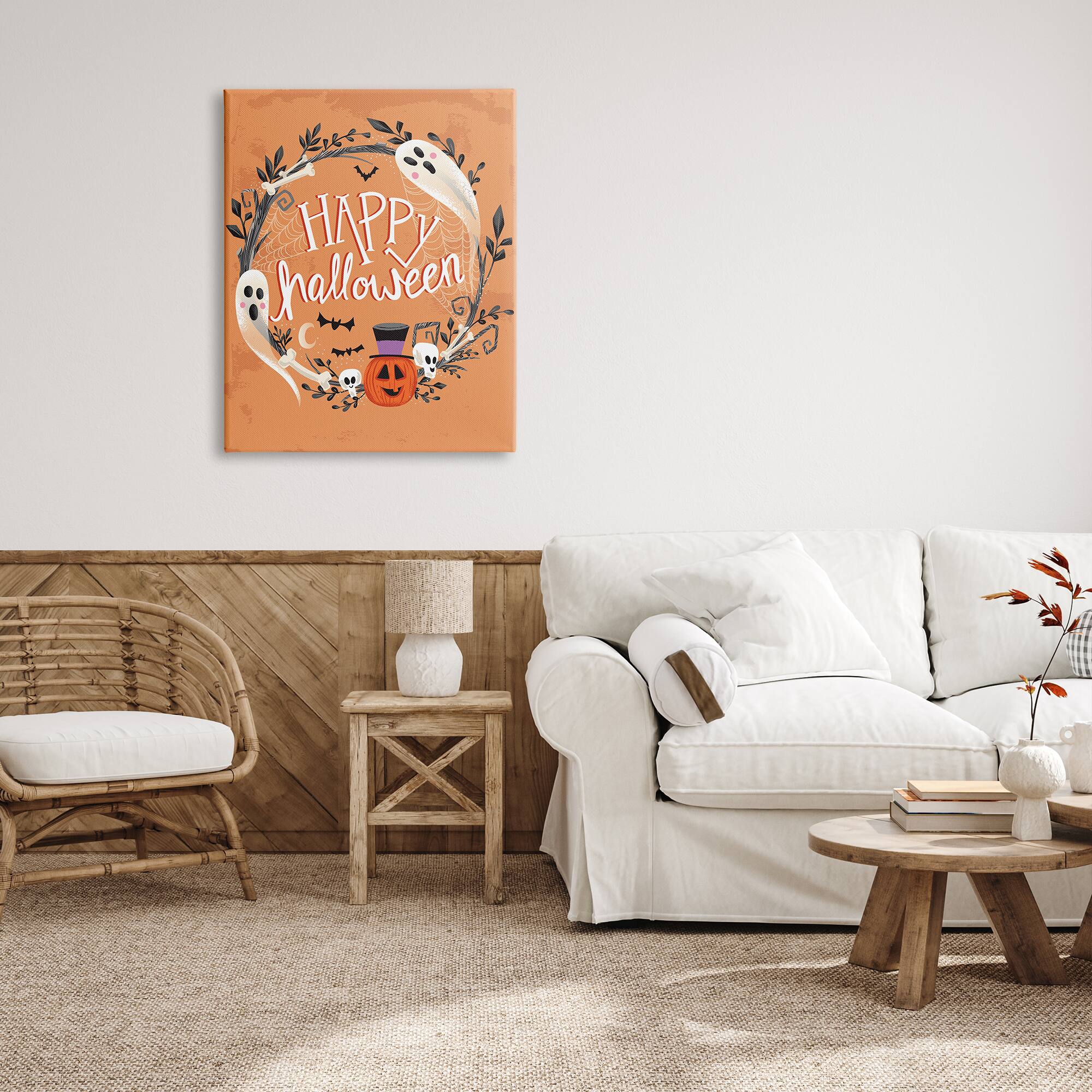 Stupell Industries Happy Halloween Ghost Wreath Canvas Wall Art
