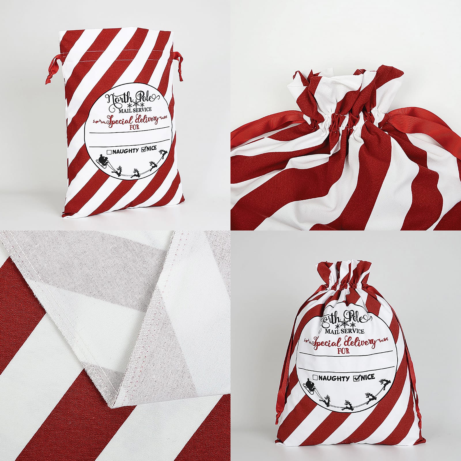 Personality Case&#x2122; 17&#x22; x 26&#x22; Red &#x26; White Stripe Cotton Christmas Drawstring Bag