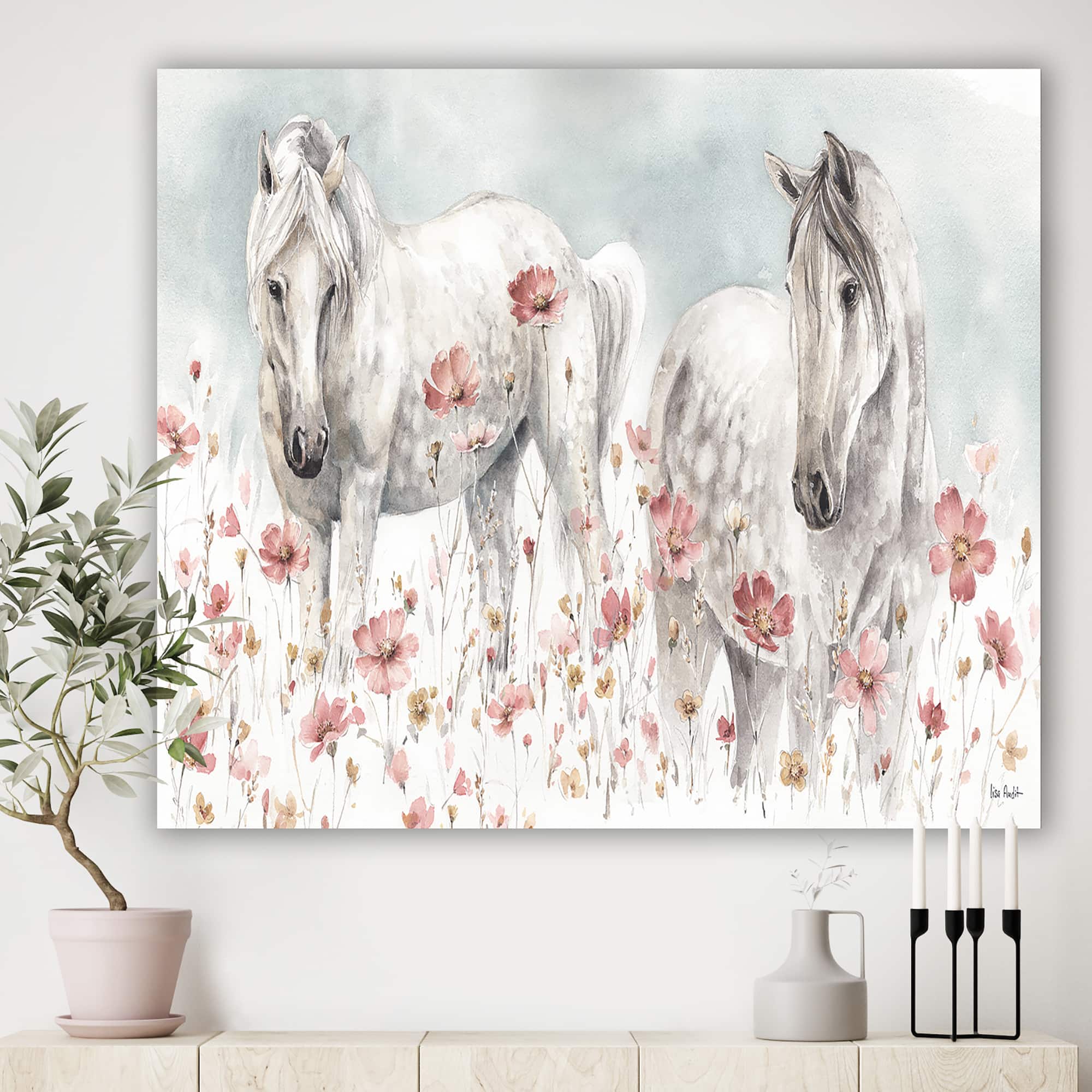 Designart - watercolors Pink Wild Horses - Farmhouse Premium Canvas Wall Art
