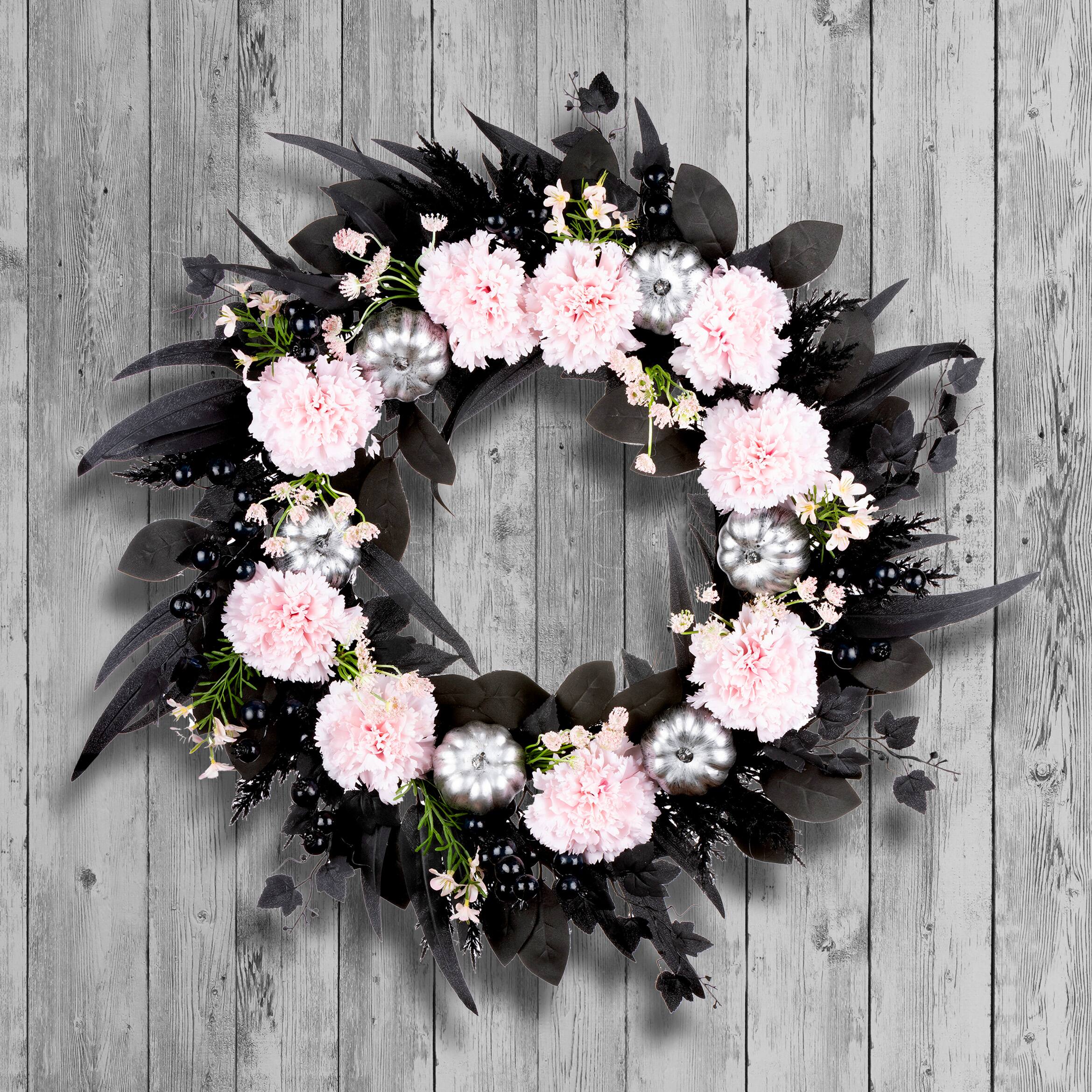 26" Pretty Morbid Pink Carnation Halloween Wreath