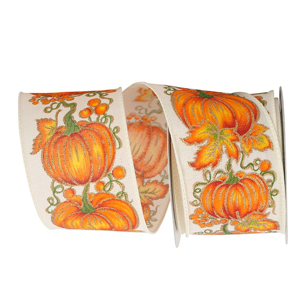 Reliant 2.5&#x22; x 10yd. Faux Linen Wired Pumpkin Row Ribbon