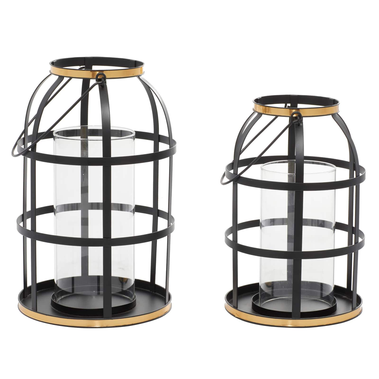 Set of 2&#x22; Black Metal Industrial Lantern , 14&#x22;, 12&#x22;