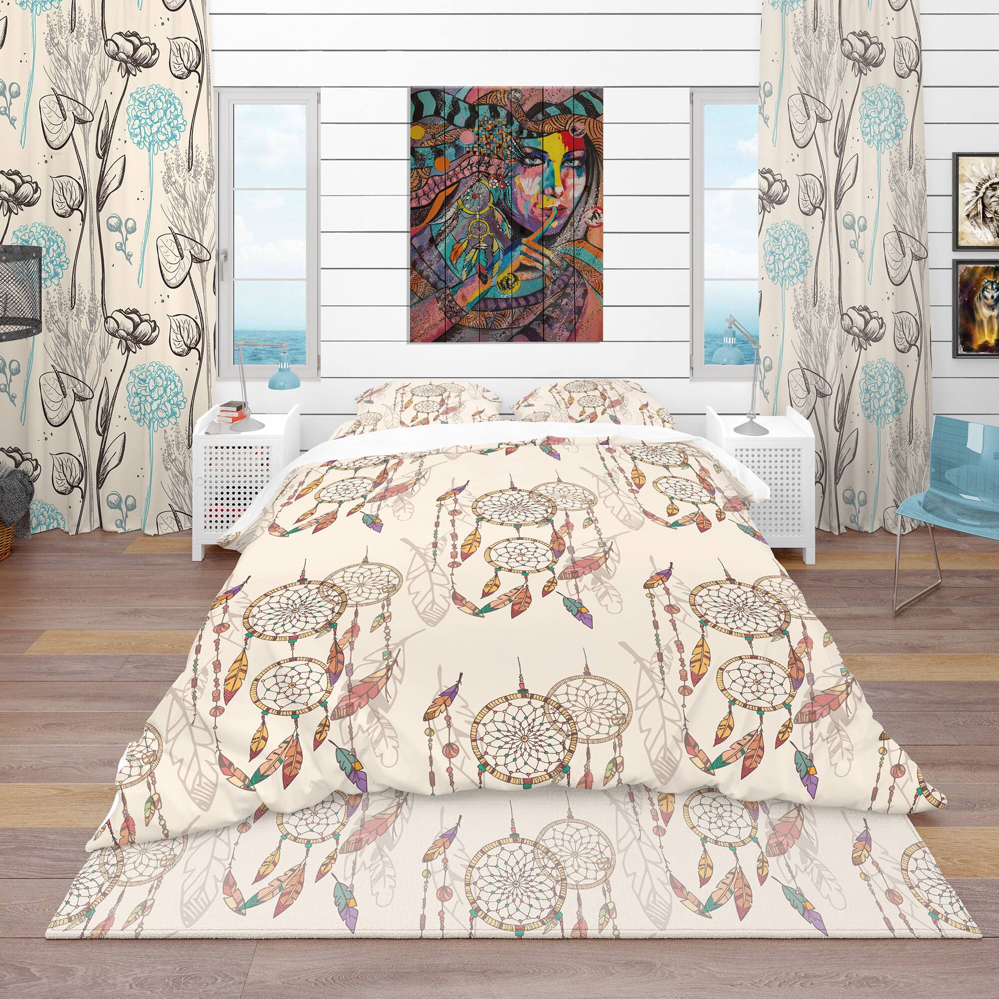 Designart &#x27;Bohemian Dream Catcher with Beads &#x26; Feathers&#x27; Southwestern Bedding Set - Duvet Cover &#x26; Shams
