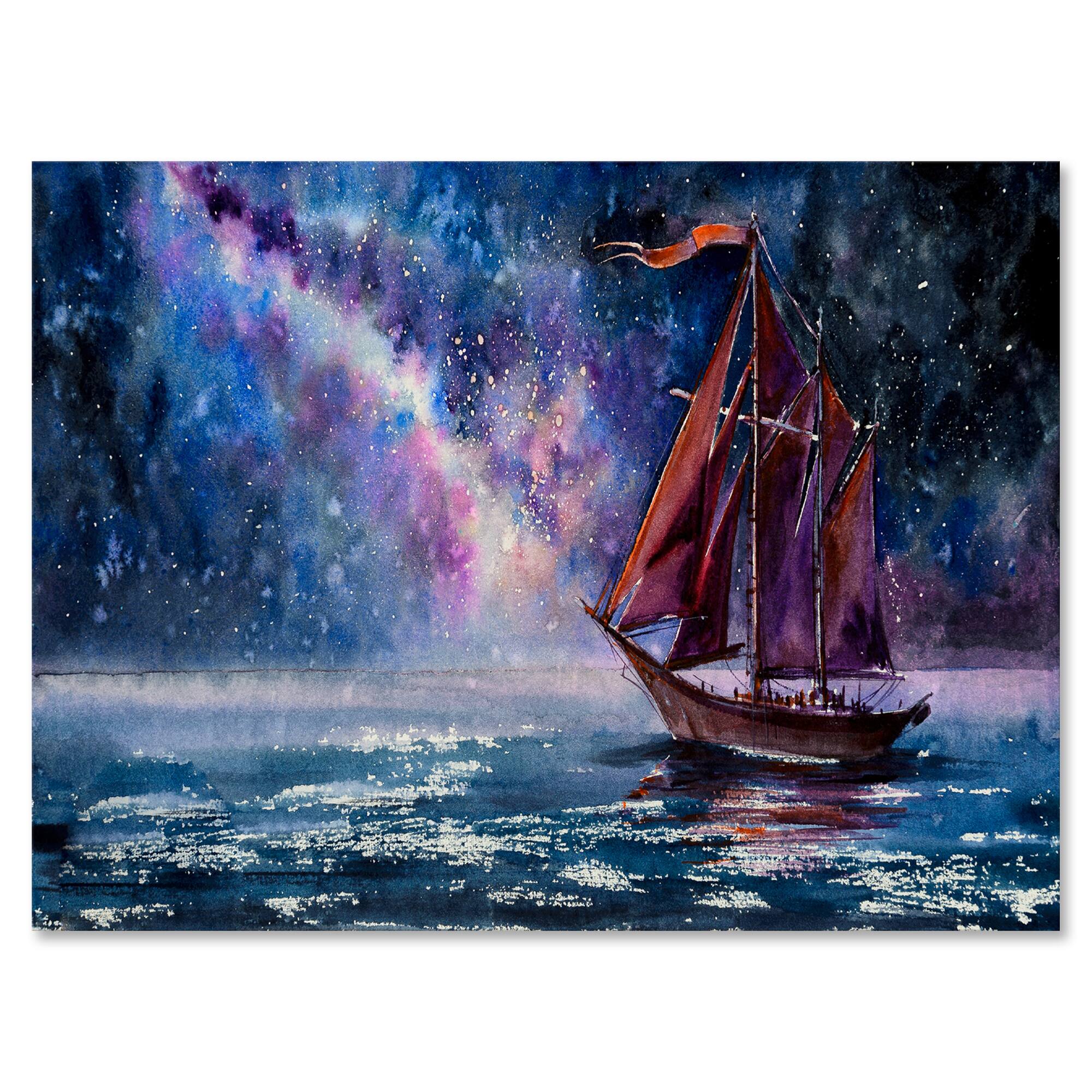 Designart - Wooden Sailboat With Red Sails &#x26; Bright Night Sky - Nautical &#x26; Coastal Canvas Wall Art Print