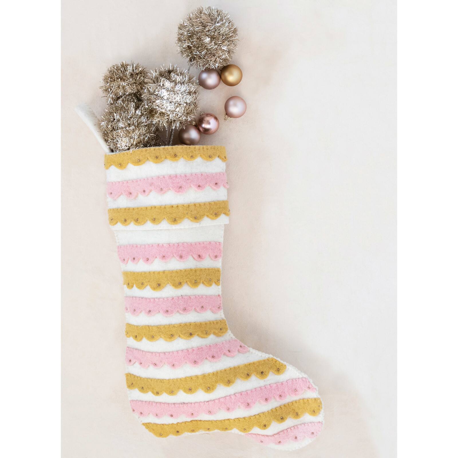 Hello Honey&#xAE; 19&#x22; Pink, Cream &#x26; Mustard Wool Felt Stocking with Appliqued Scallops &#x26; Beads