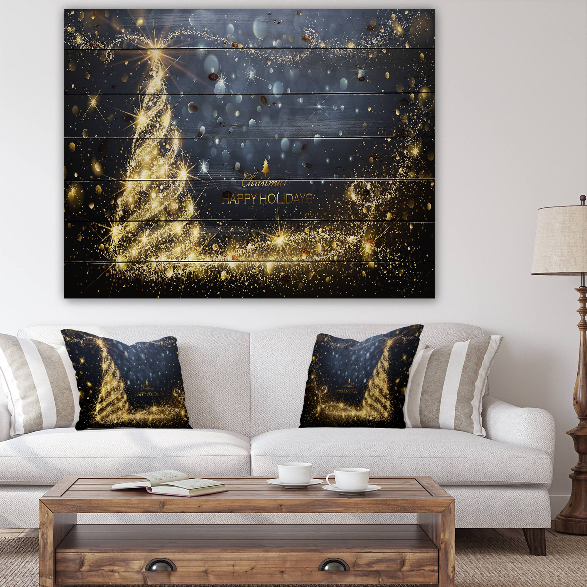 Designart - Sparkling Shining Light Christmas Tree - Print on Natural Pine Wood