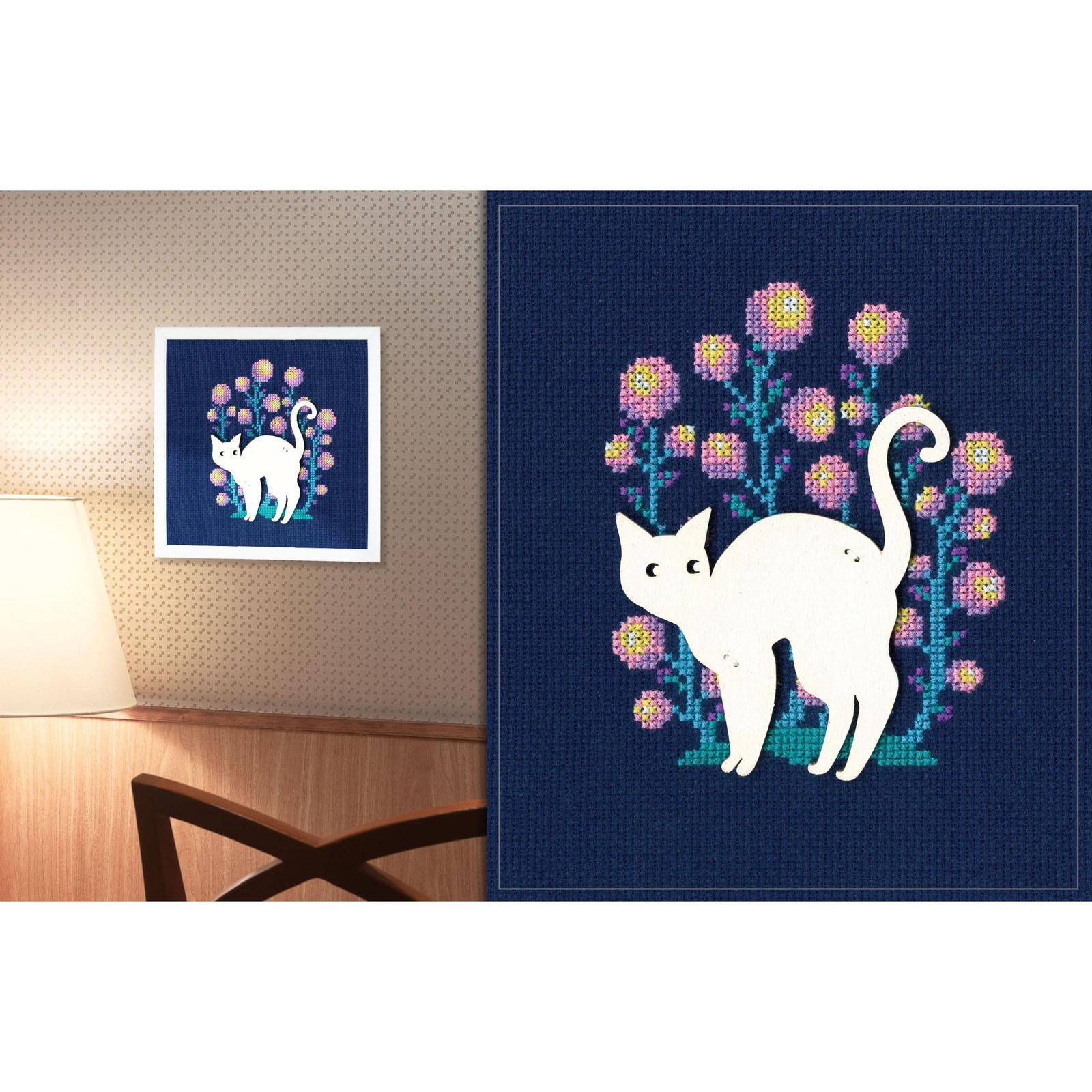 RTO White Cat with Pink & Yellow Flowers Cross Stitch Kit