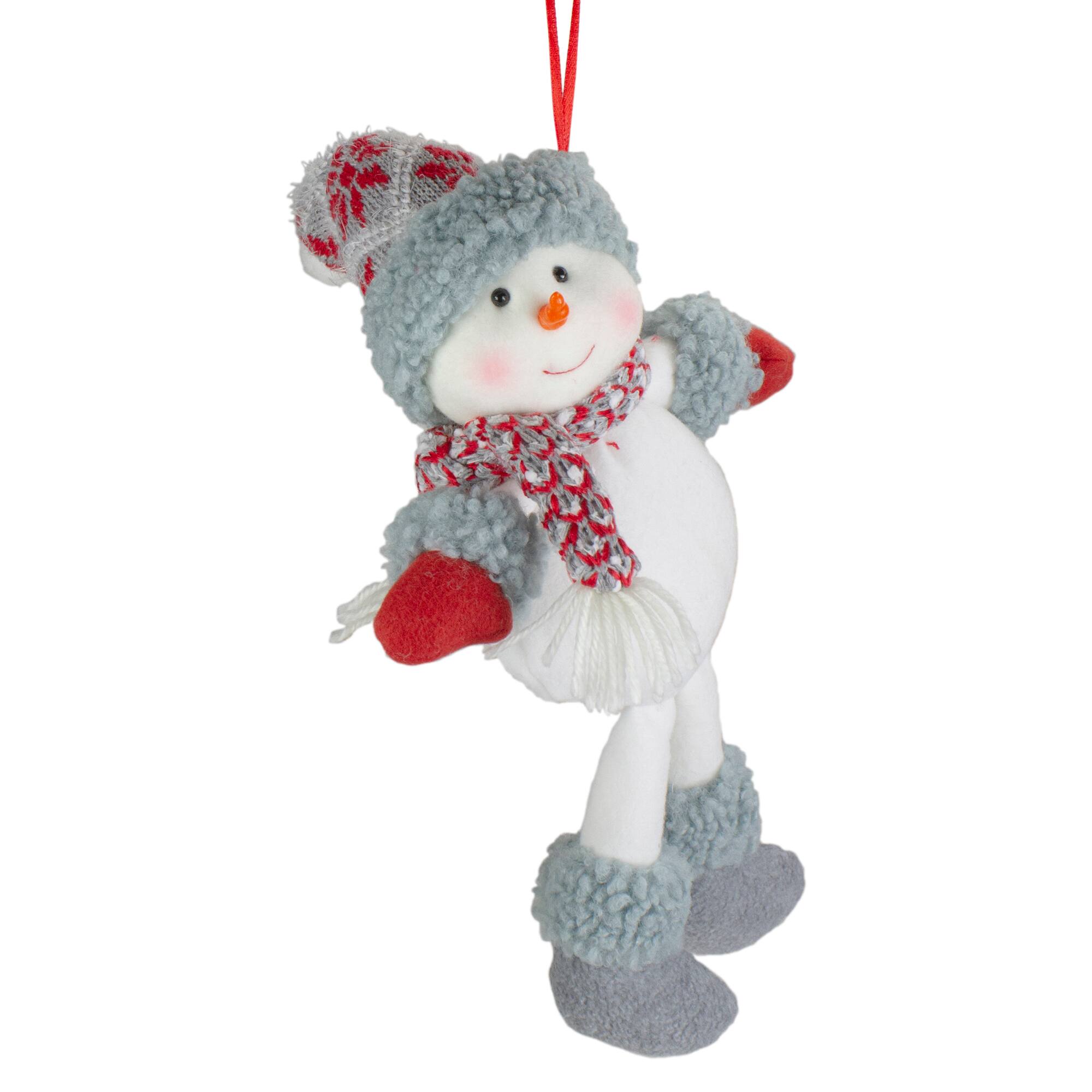 14&#x22; Gray &#x26; Red Plush Snowman Hanging Christmas Ornament