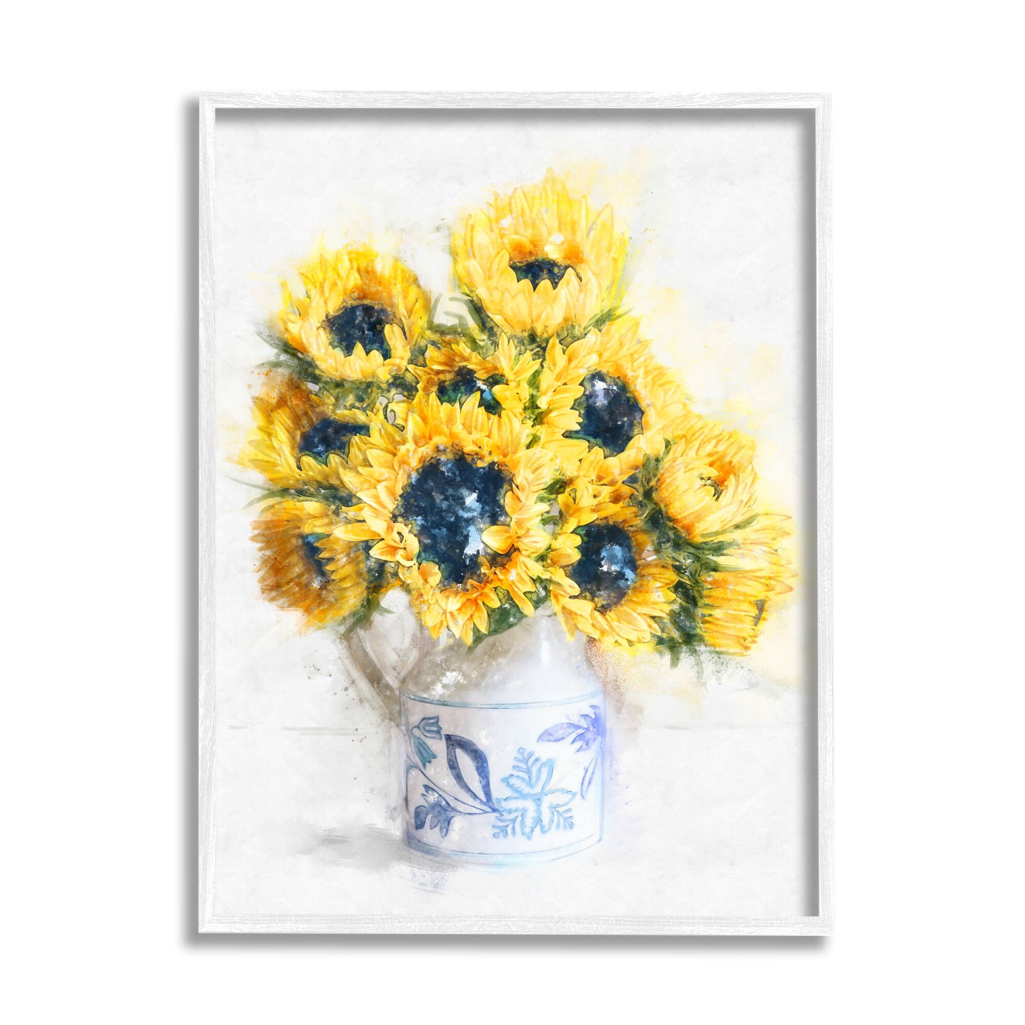 Stupell Industries Country Inspired Sunflower Bouquet Blue Pattern Vase Framed Wall Art