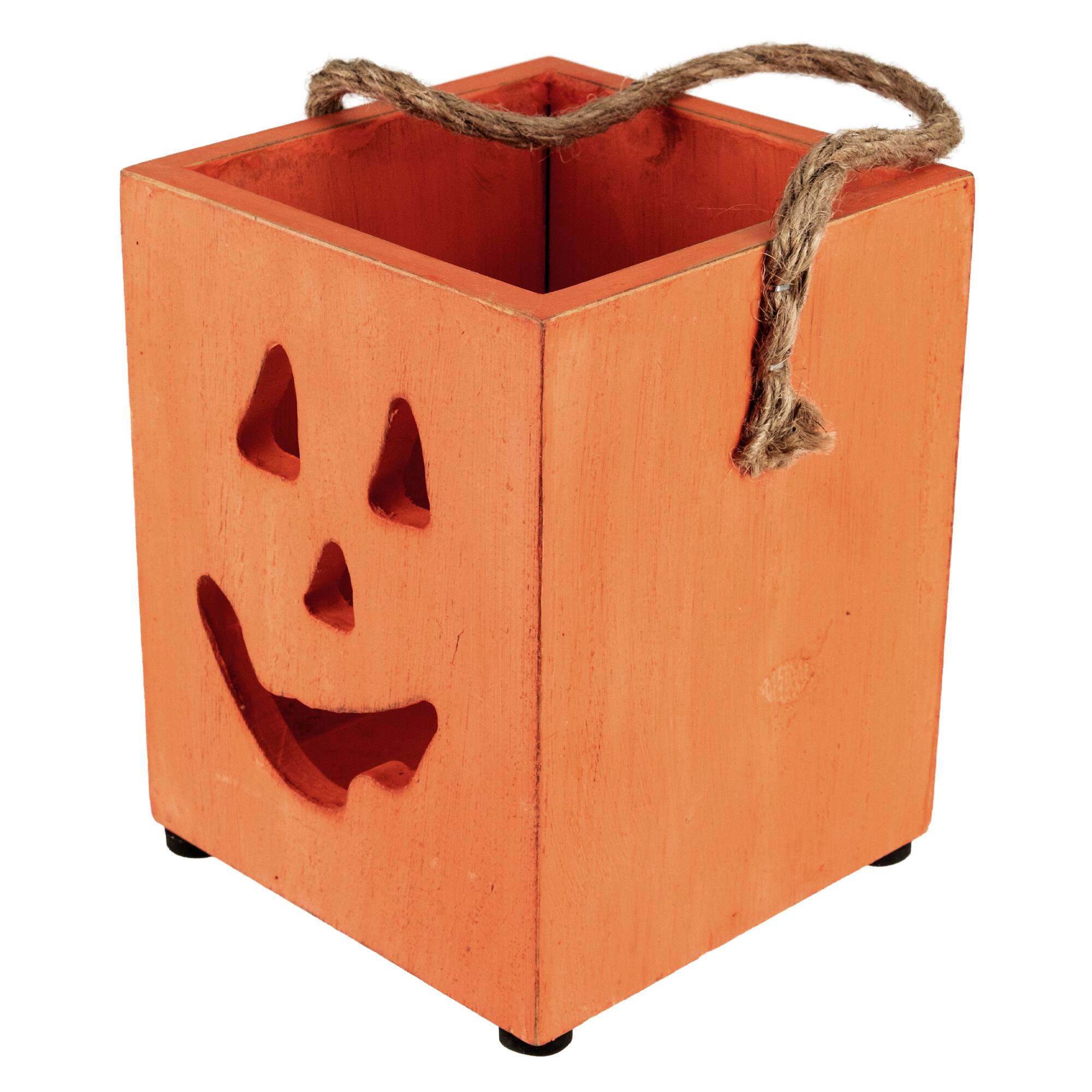 6&#x22; Orange Wood Jack-O-Lantern Halloween Candle Lantern