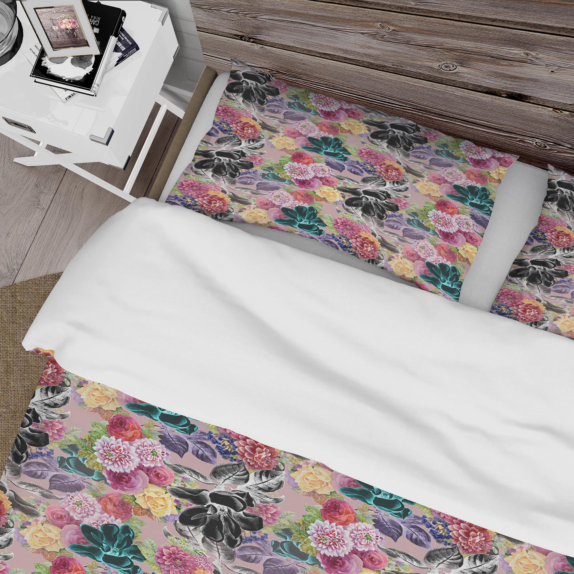 Designart &#x27;Black Chrysanthemum And Blooming Roses&#x27; Floral Bedding Set - Duvet Cover &#x26; Shams