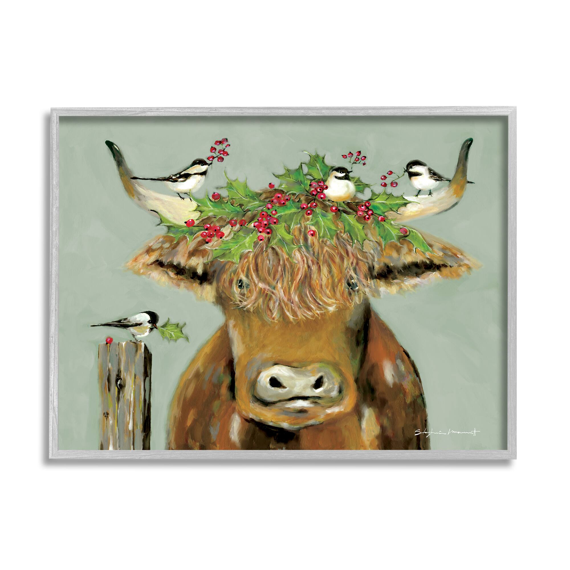 Stupell Industries Cattle & Birds Holiday Holly Framed Giclee Art