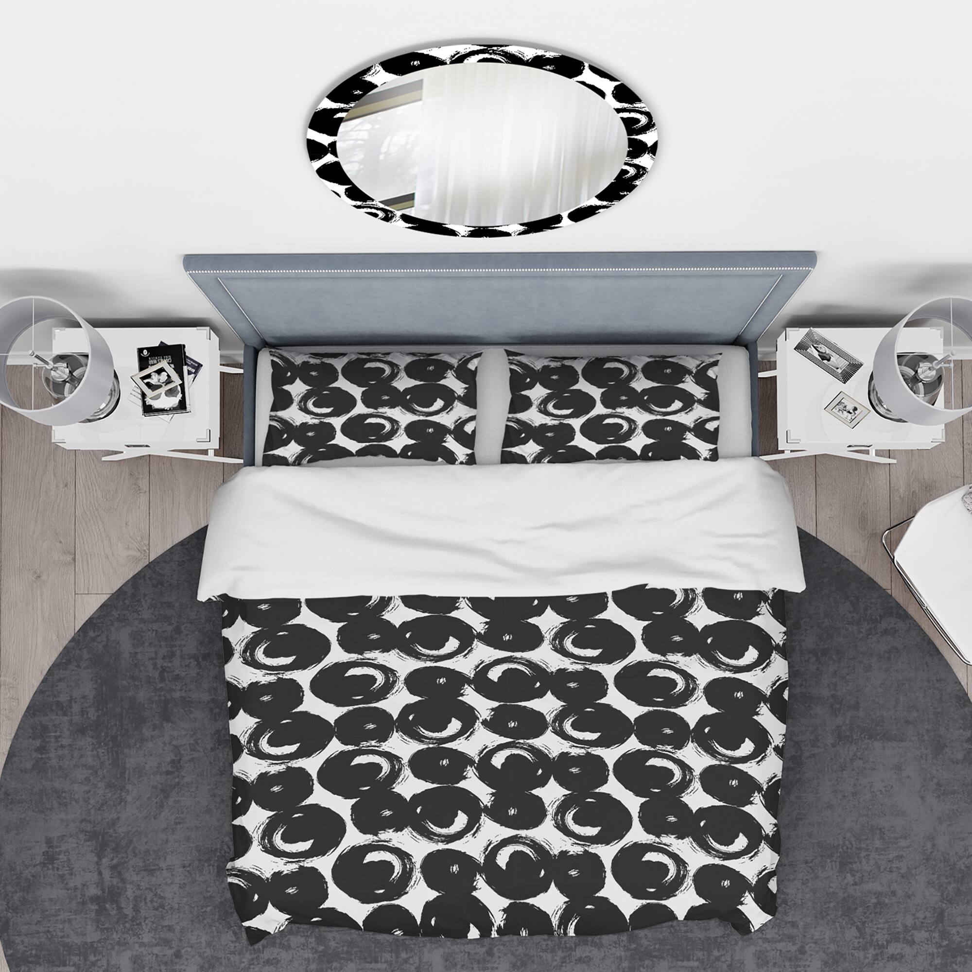 Designart &#x27;Black Circles on White Background&#x27; Modern &#x26; Contemporary Bedding Set - Duvet Cover &#x26; Shams