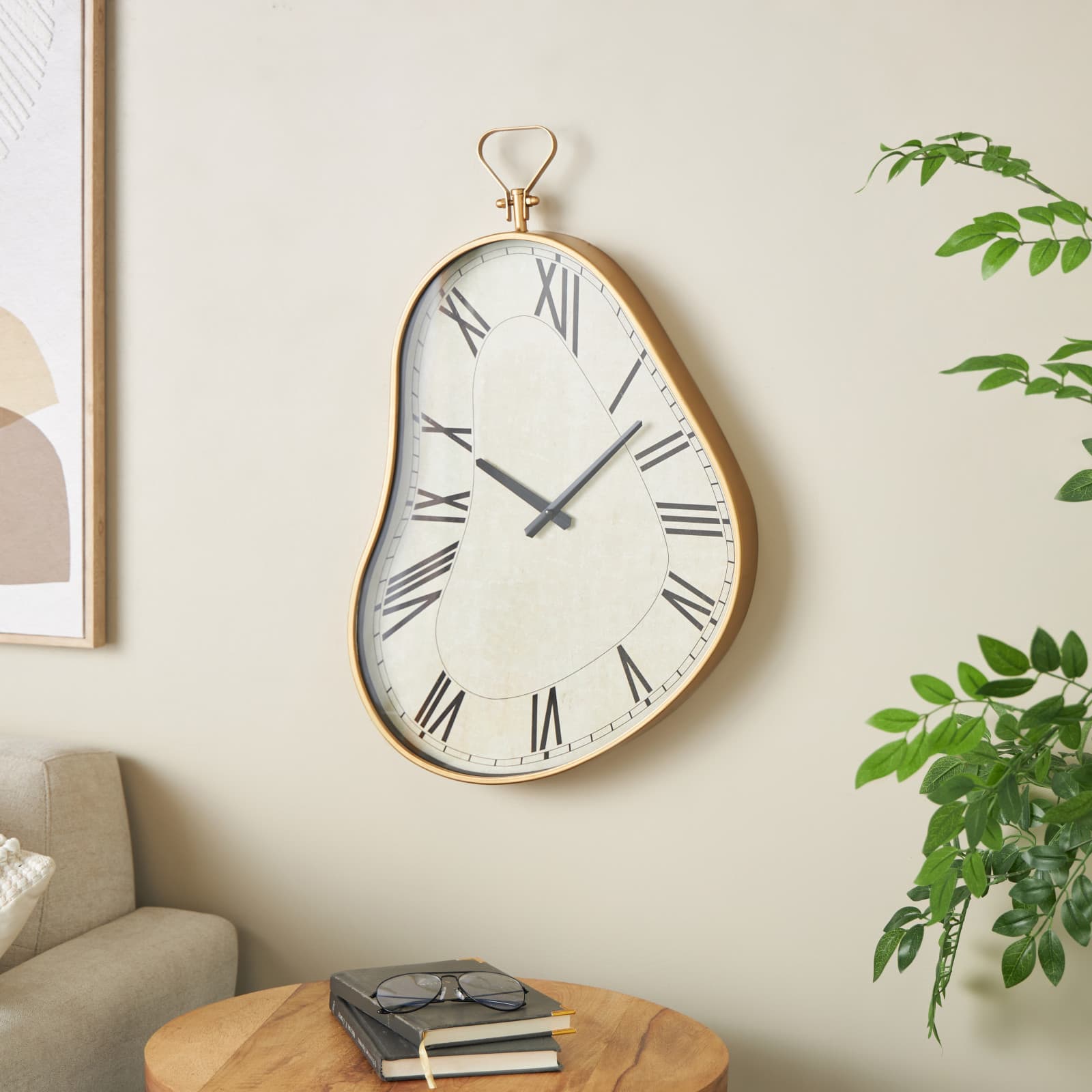 25" x 17" White Metal Wavy Decorative Wall Clock with Gold Frame & Black Accents