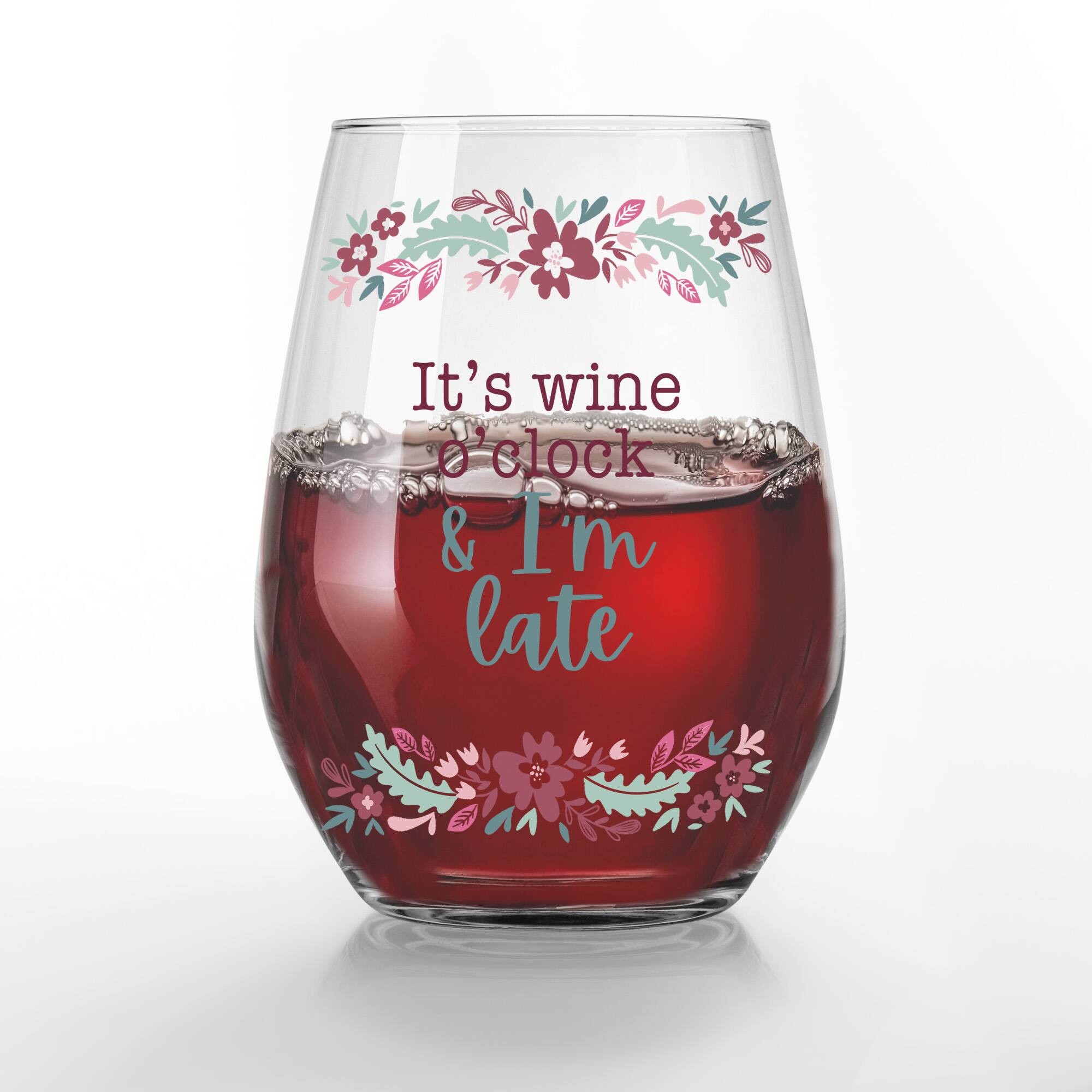 15oz. I'm Late for Wine O'Clock Printed Stemless Wine Glass