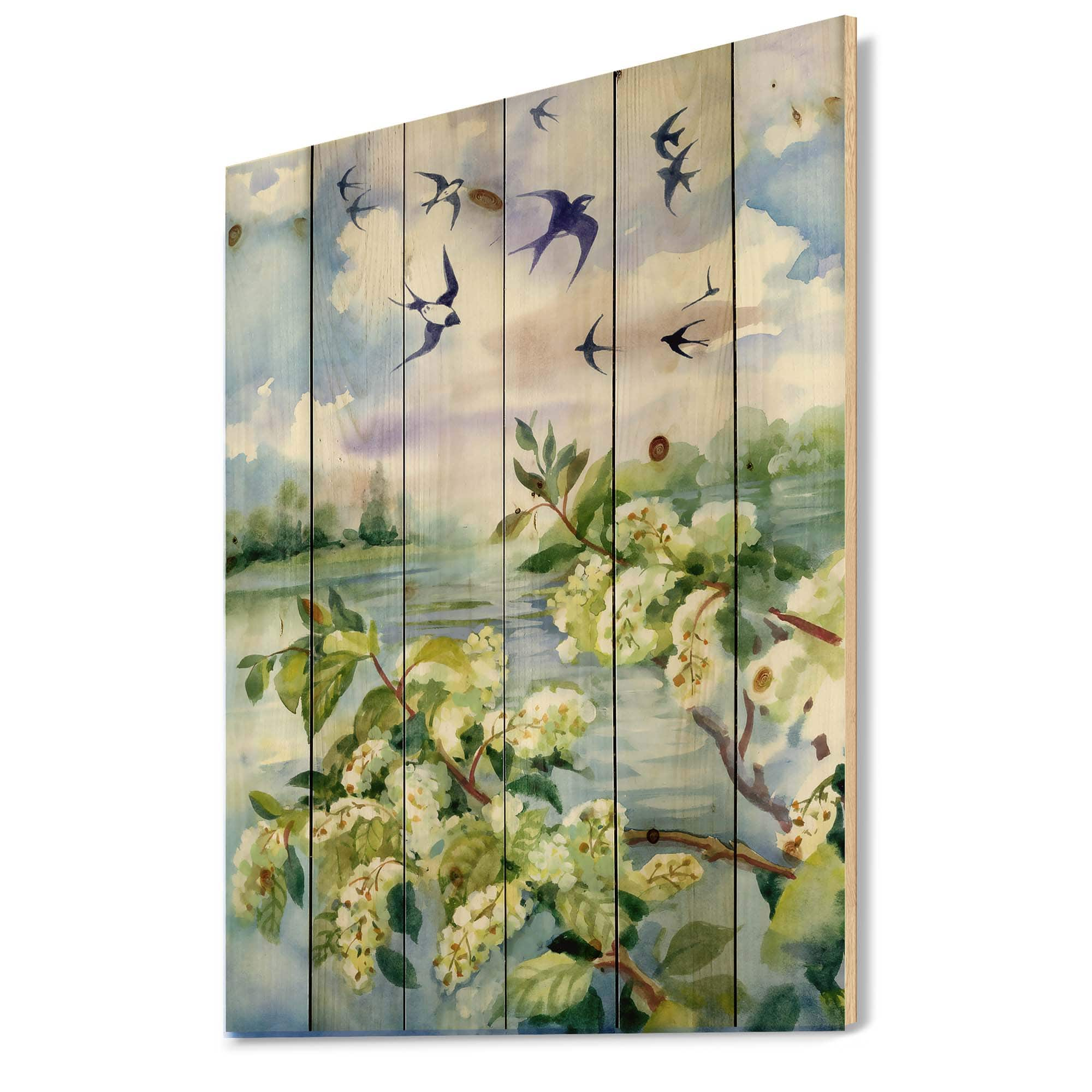 Designart - Flowers of The Cherry Blossoms On A Spring Day - Traditional Print on Natural Pine Wood