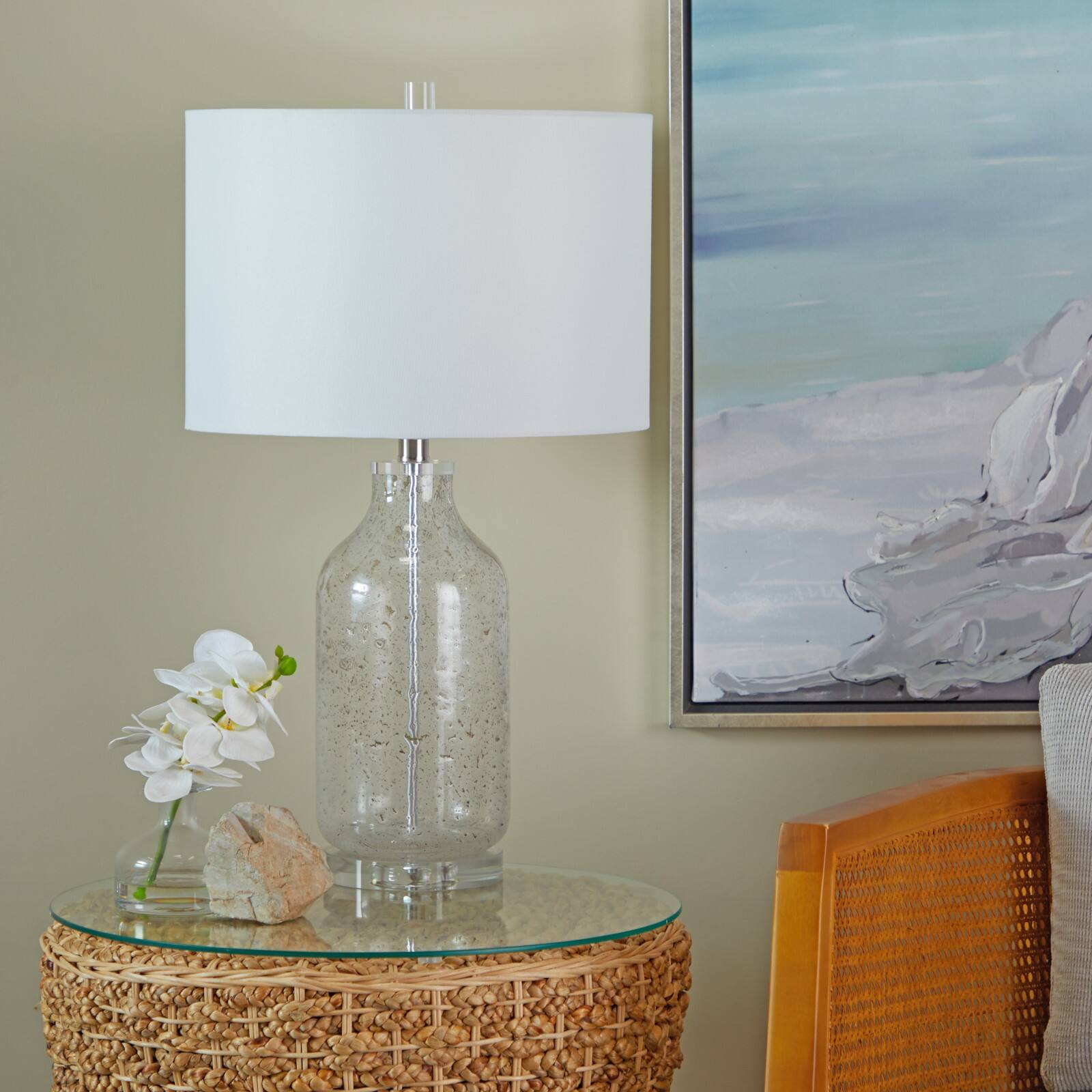 Gray Glass Table Lamp with Drum Shade Set of 2 15", 25"