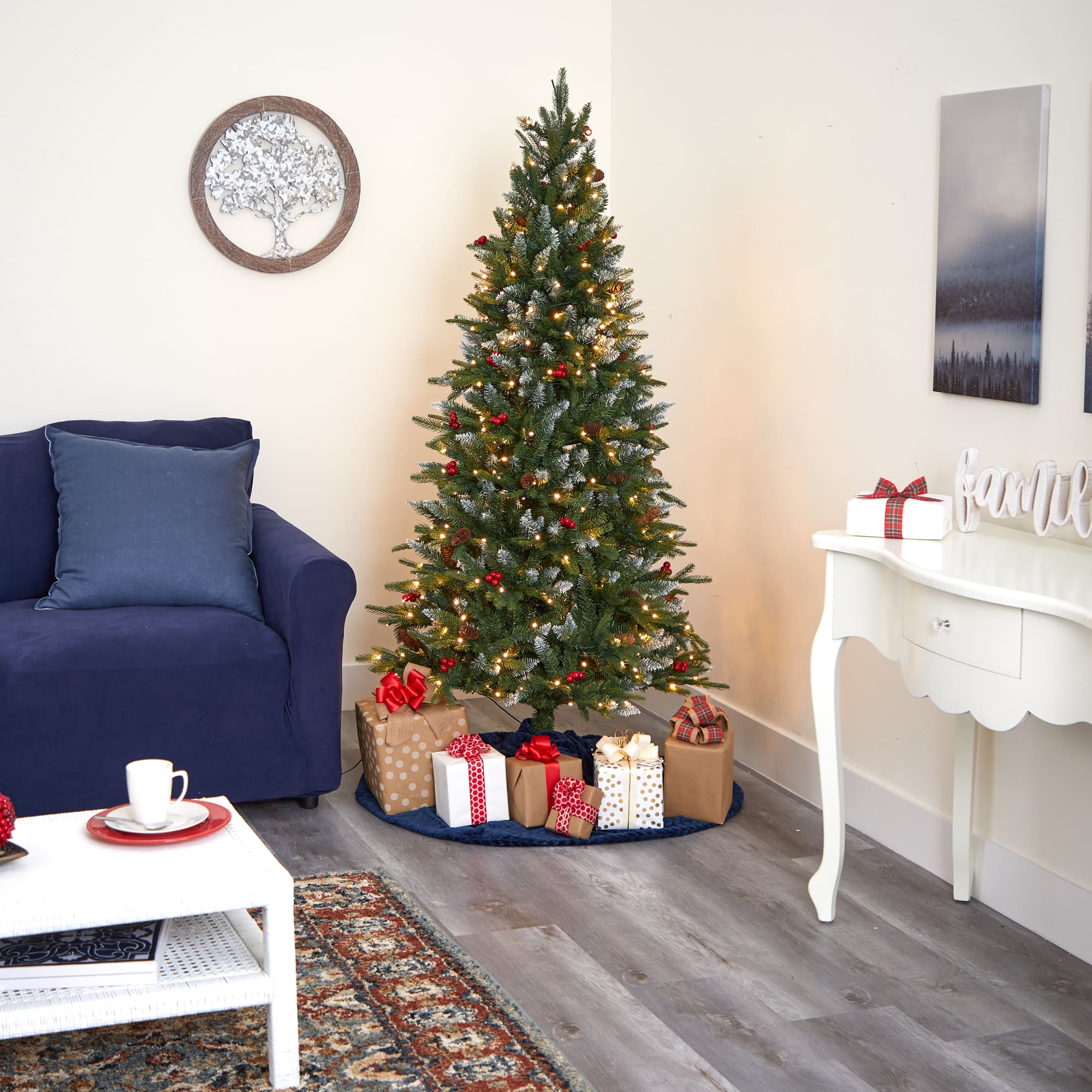 6ft. Pre-Lit Snow Tipped Portland Spruce Artificial Christmas Tree with Frosted Berries and Pinecones, Clear LED Lights