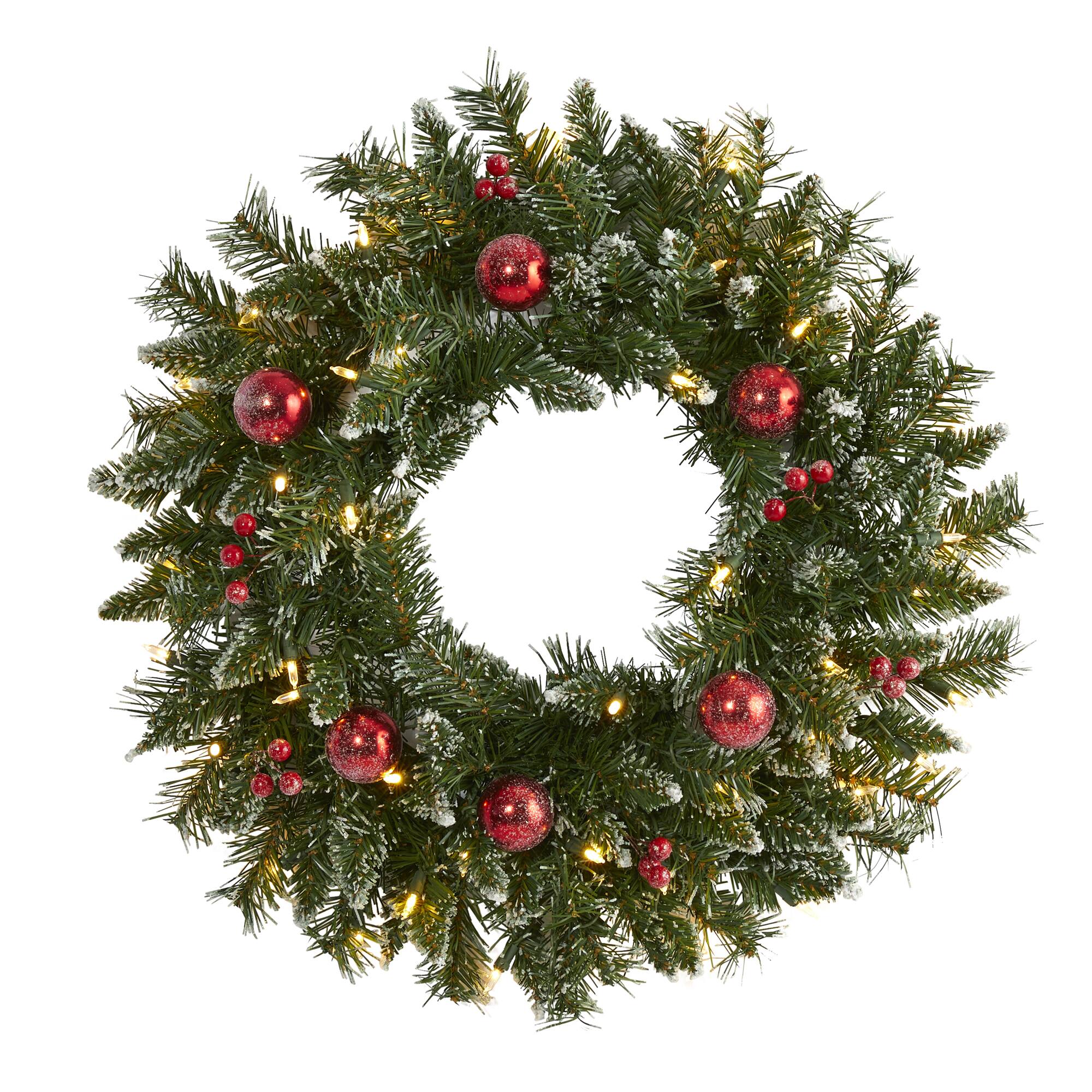 24" White LED Frosted Christmas Wreath with Ornaments & Berries