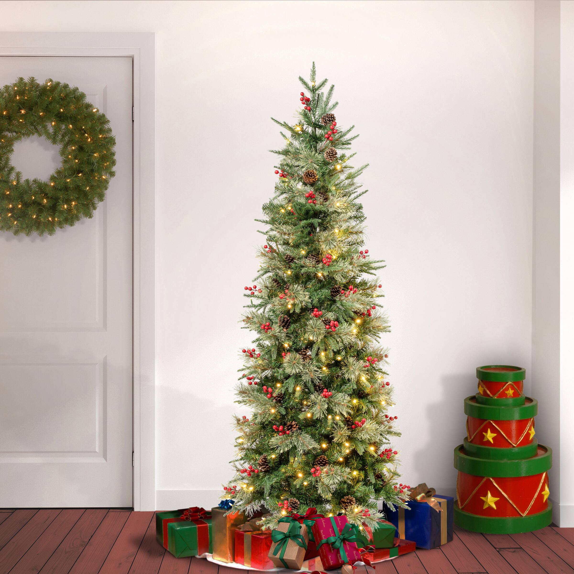 6ft. Pre-Lit Feel-Real&#xAE; Virginia Pine Slim Artificial Christmas Tree with Berries &#x26; Pinecones, Warm White LED Lights