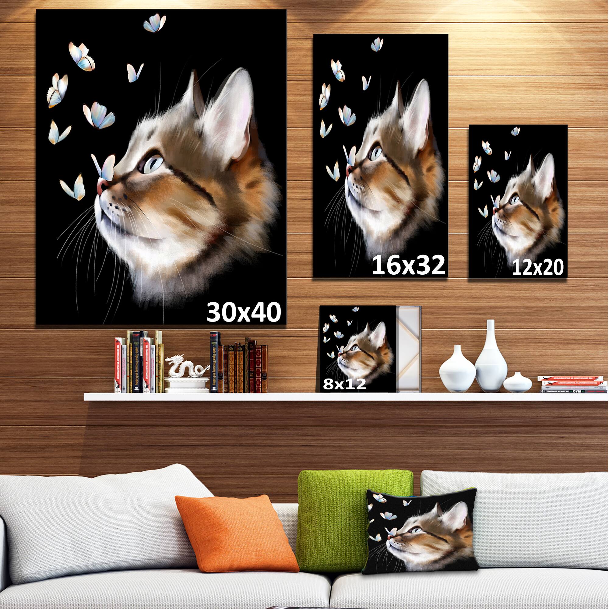 Designart - Cat with Butterflies on Black - Animal Canvas Art Print