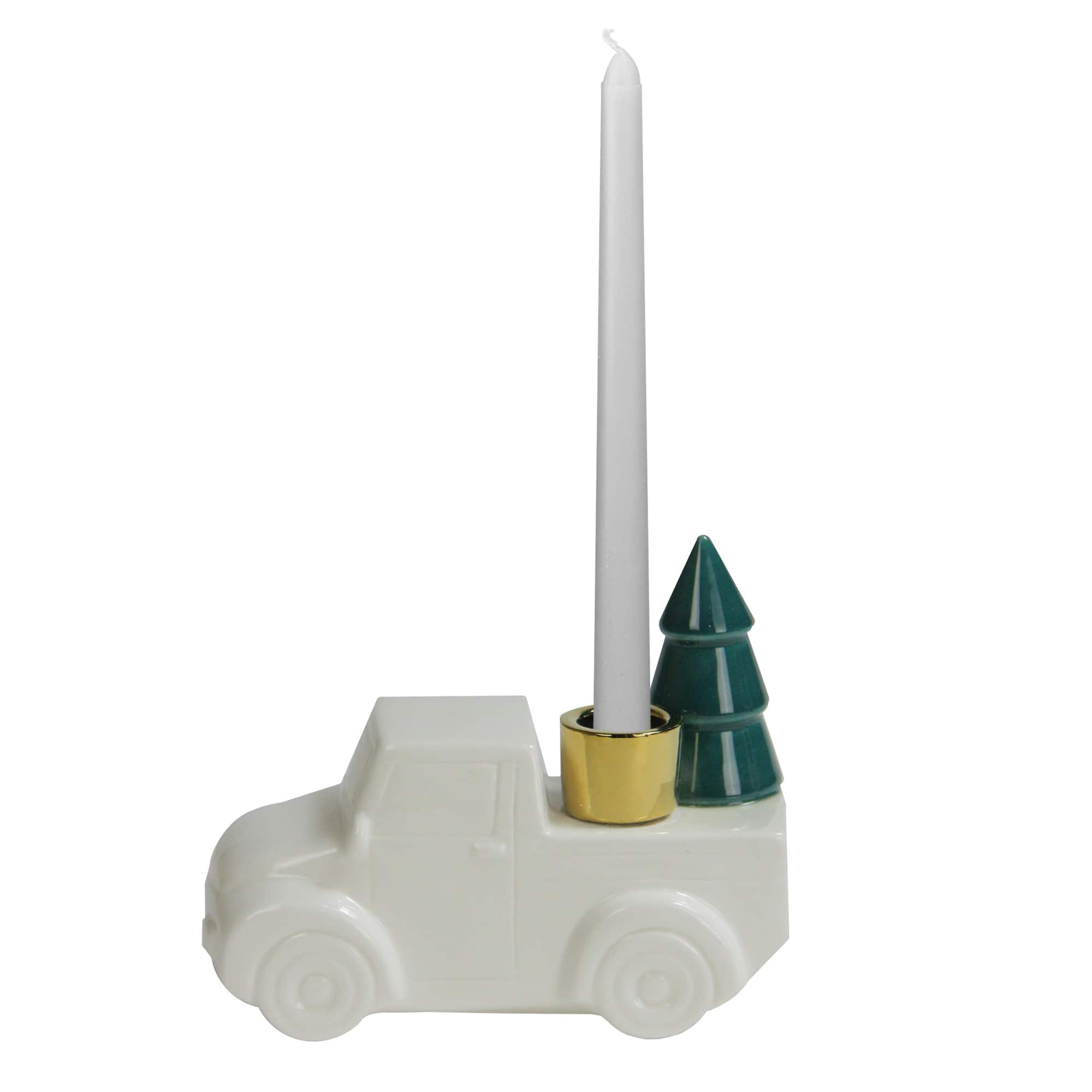 5" White Ceramic Truck with Christmas Tree Taper Candlestick Holder