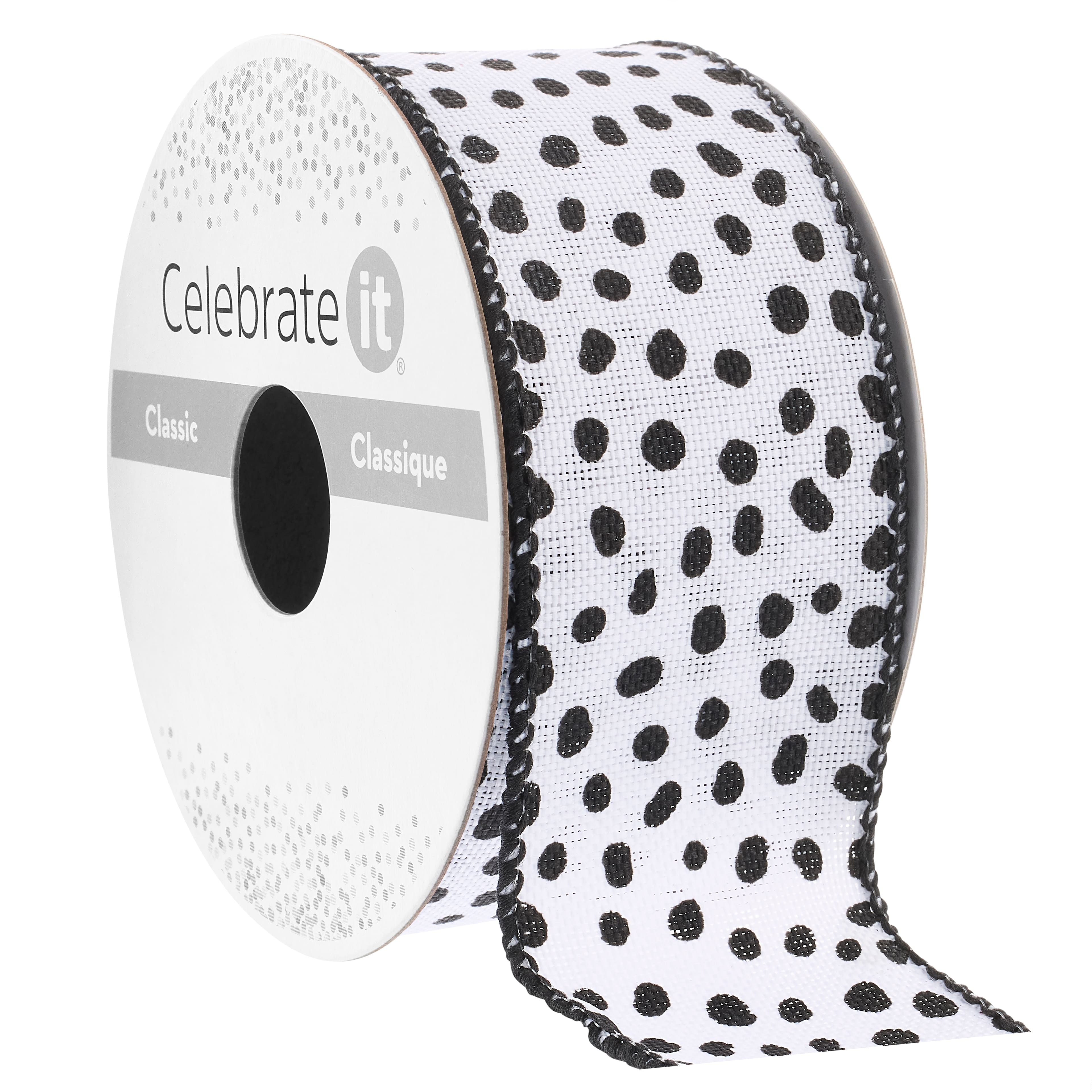 1.5&#x22; x 3yd. White &#x26; Black Faux Linen Wired Dots Ribbon by Celebrate It&#xAE; Classic