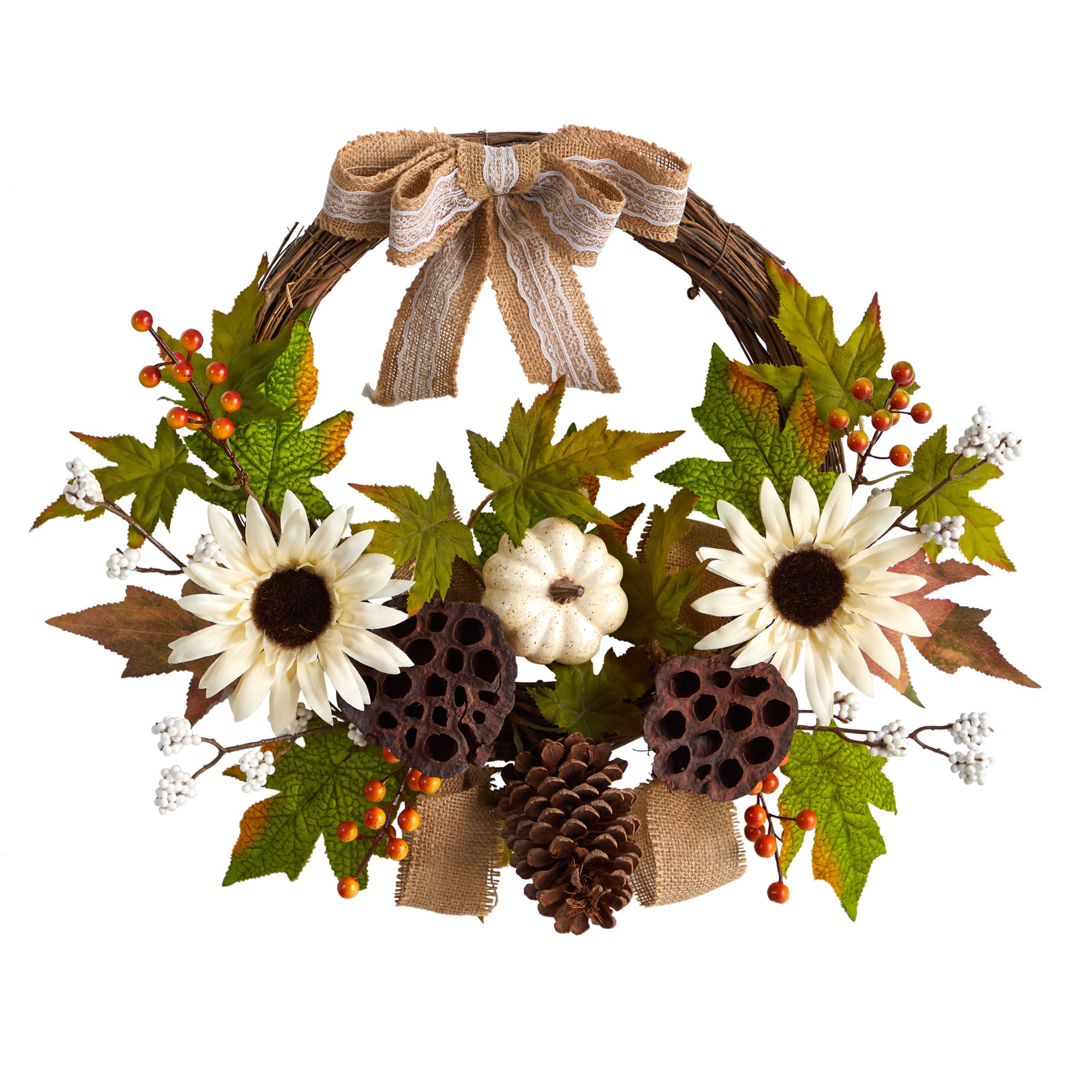 20" Autumn Sunflower, White Pumpkin & Dried Lotus Pod Fall Wreath