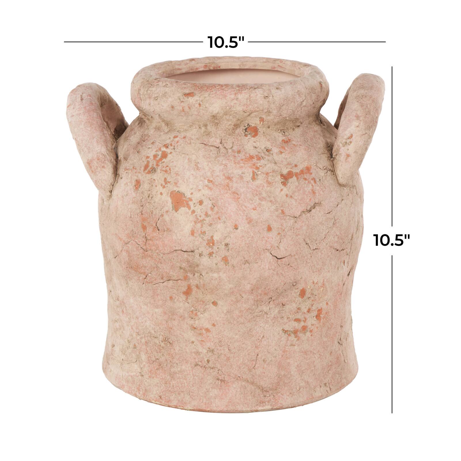10.5" Pink Ceramic Antique Style Distressed Decorative Vase with Handles