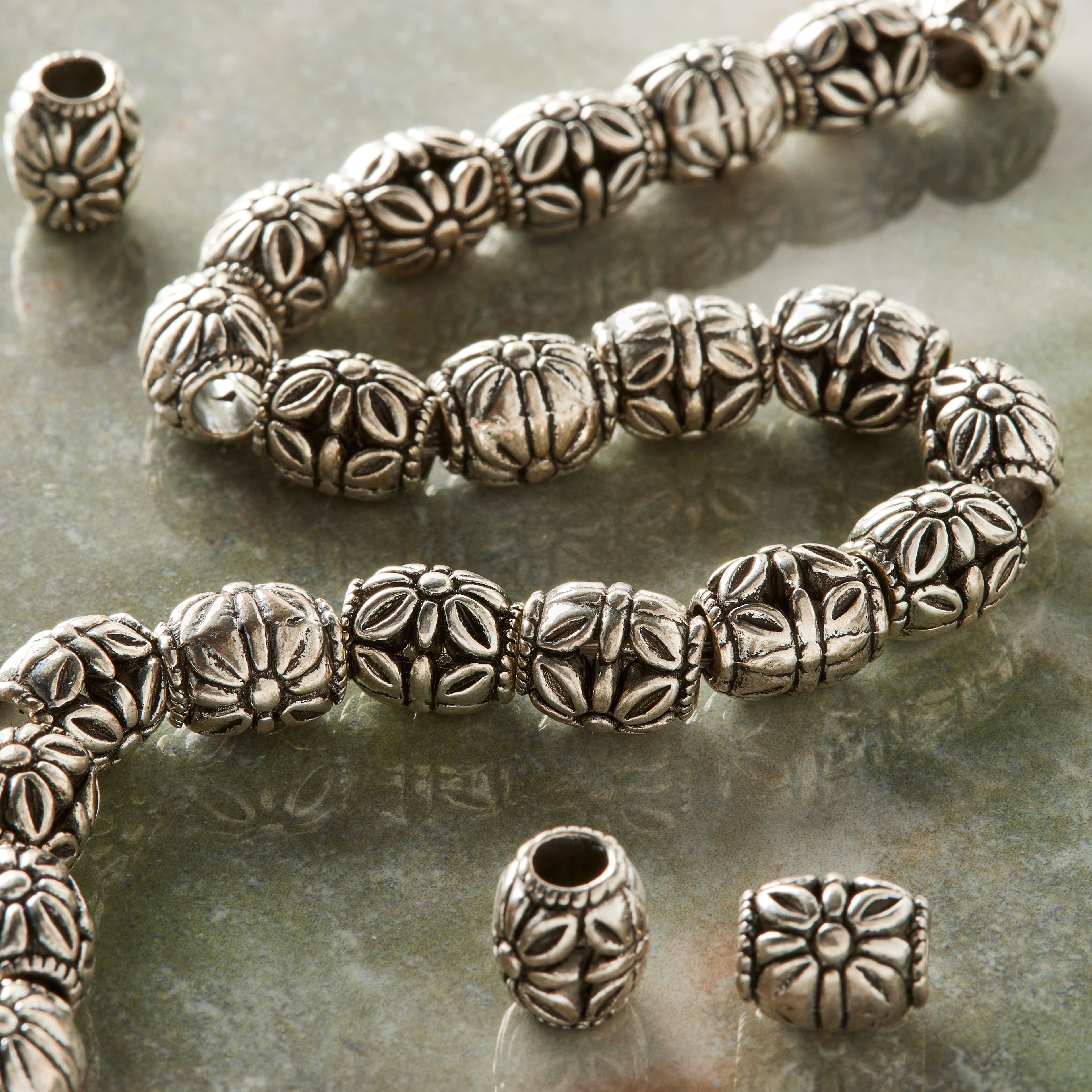 Silver-Plated Antique Flower Carved Tube Beads, 10mm by Bead Landing&#x2122;