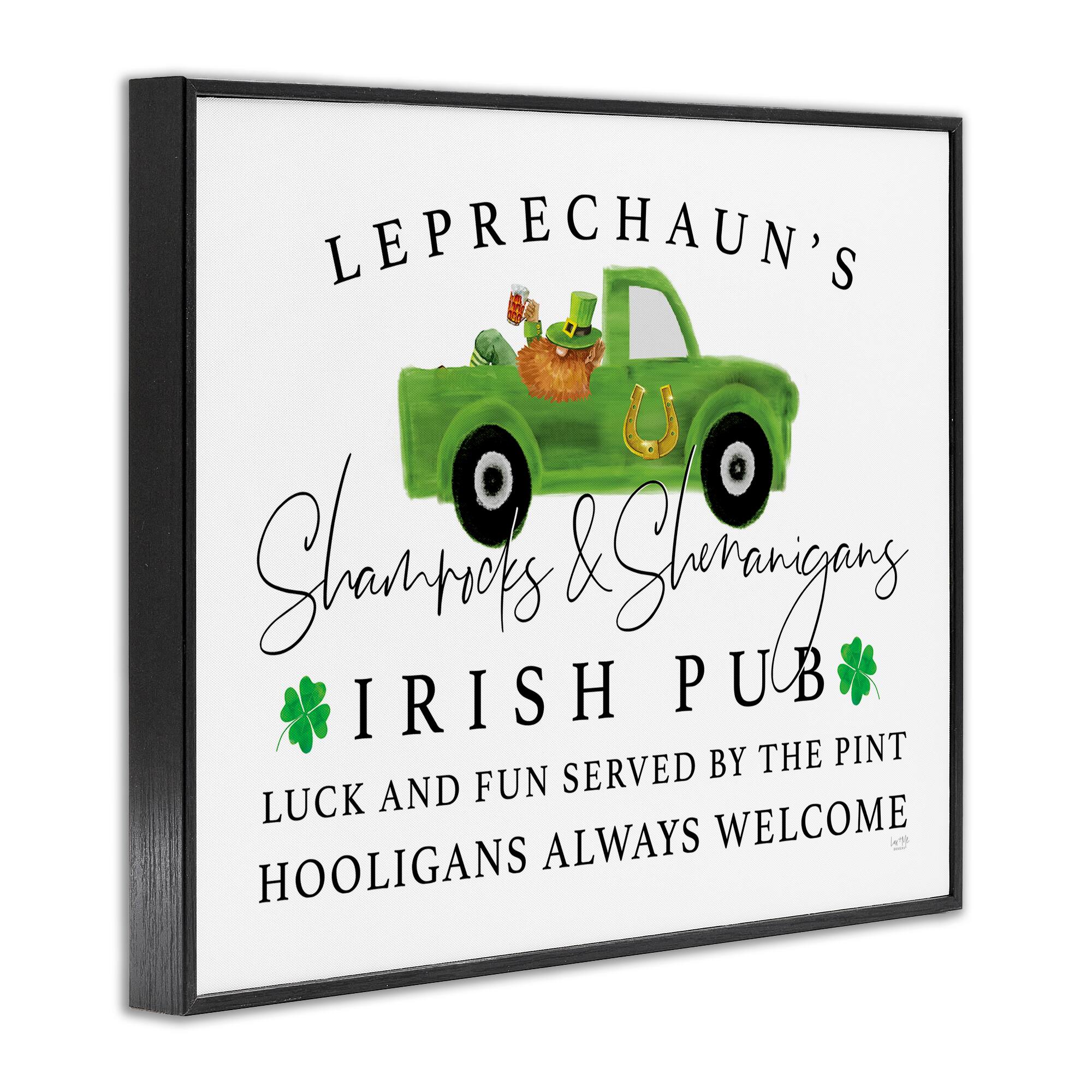 Stupell Industries Irish Pub Whimsical Leprechaun Green Shamrock Details Framed Giclee Art