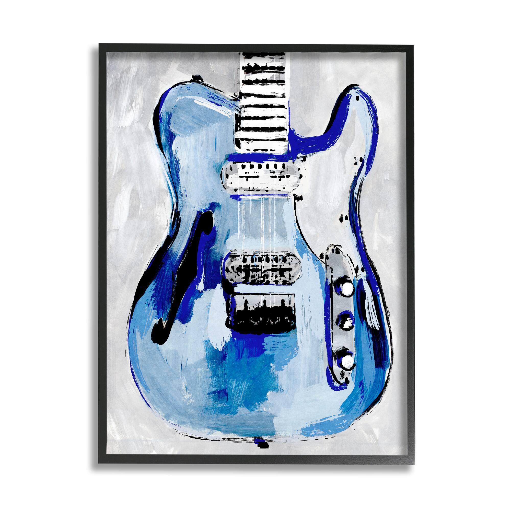 Stupell Industries Abstract Rockstar Guitar Modern Painting Blue Grey Framed Wall Art