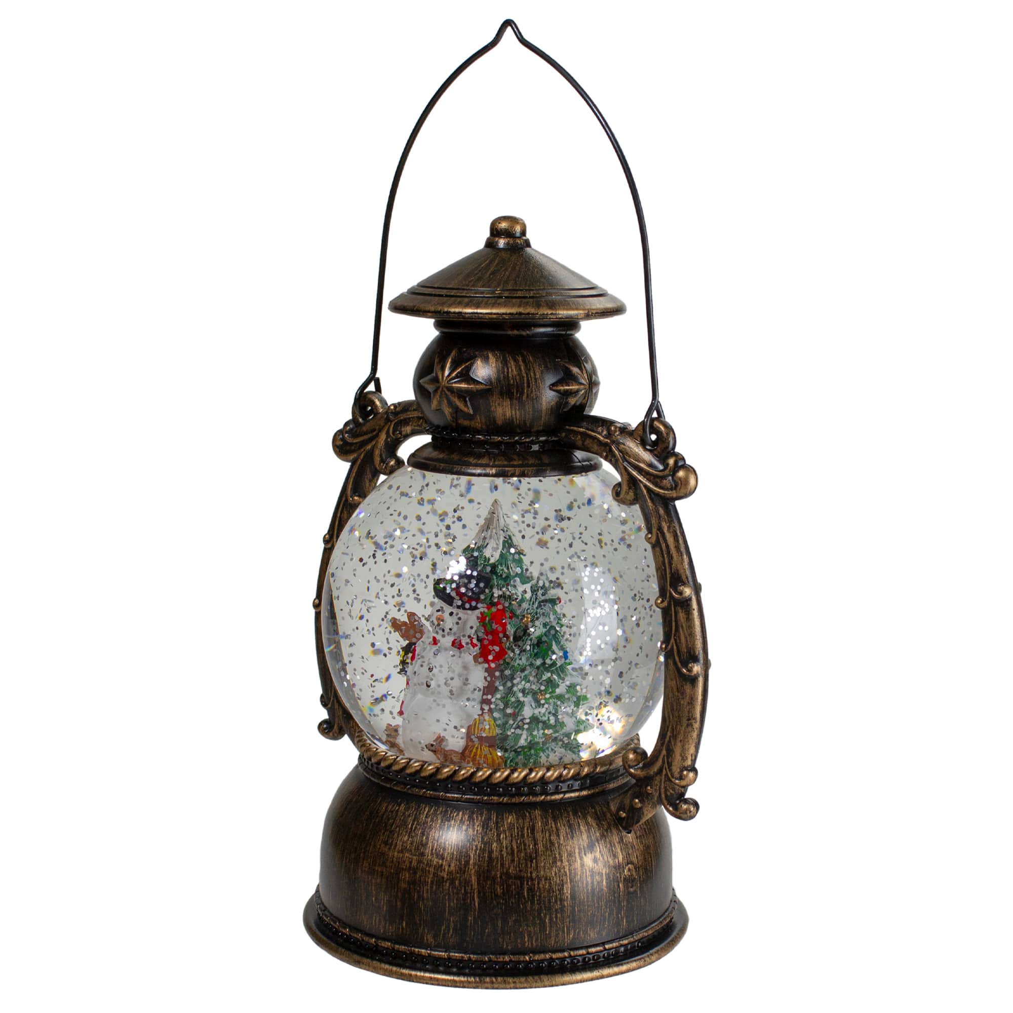 8" Black with Brushed Gold LED Snowman & Christmas Trees Snow Globe Lantern