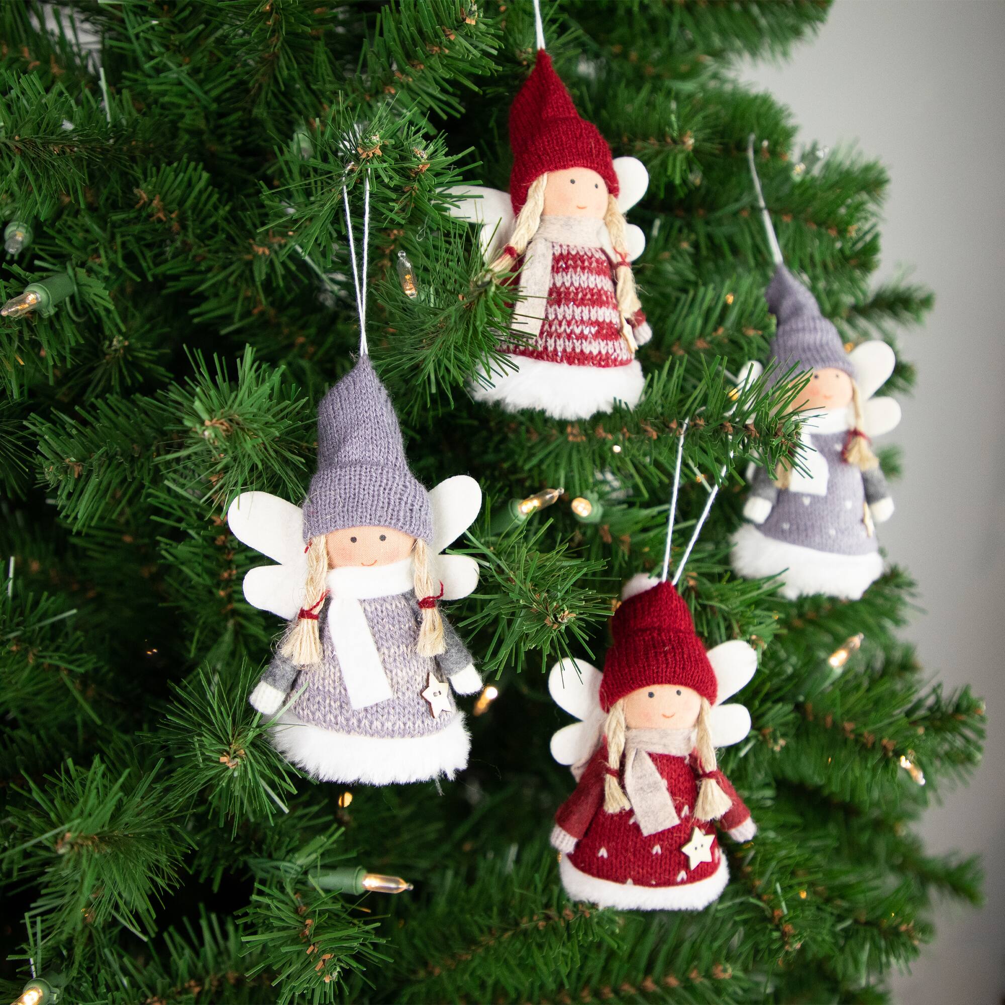 4ct. Red & Gray Plush Angel Christmas Ornaments