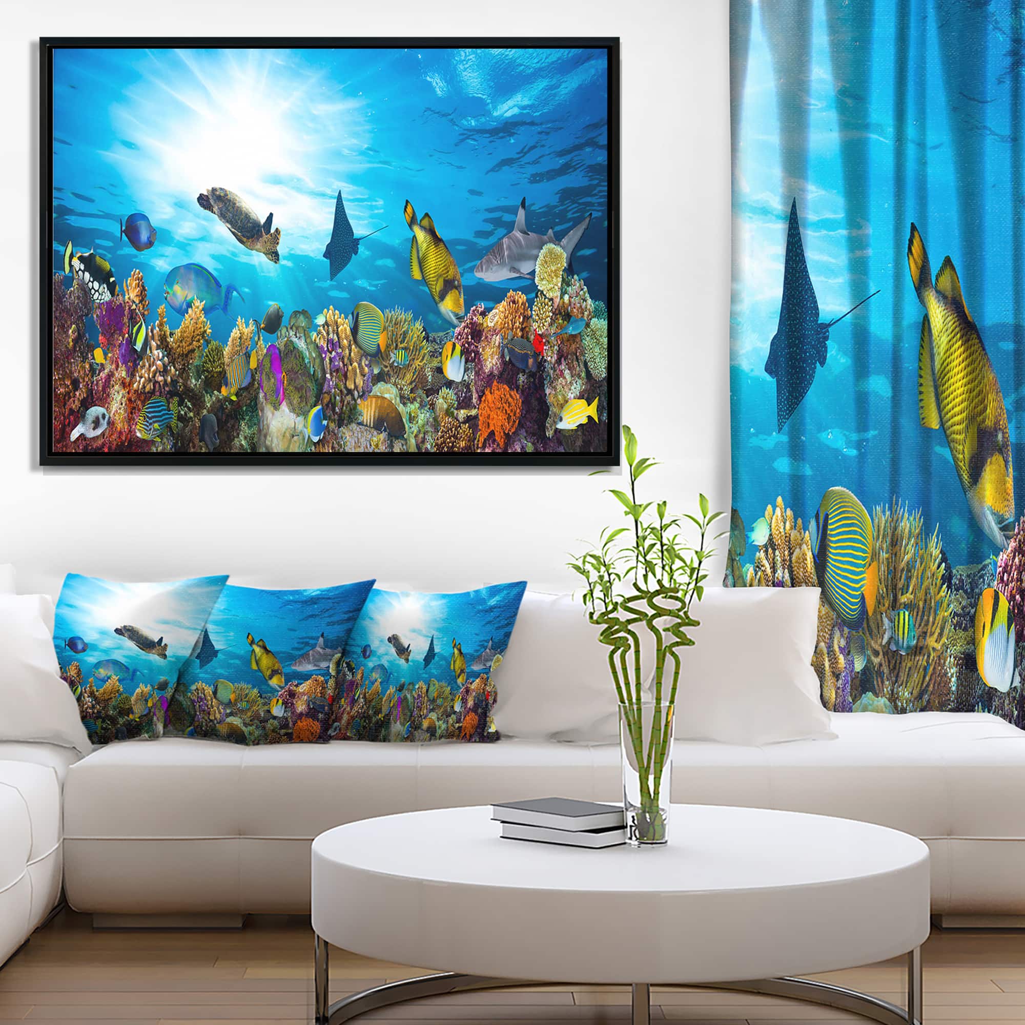 Designart - Colorful Coral Reef with Fishes - Seascape Framed Canvas Art Print