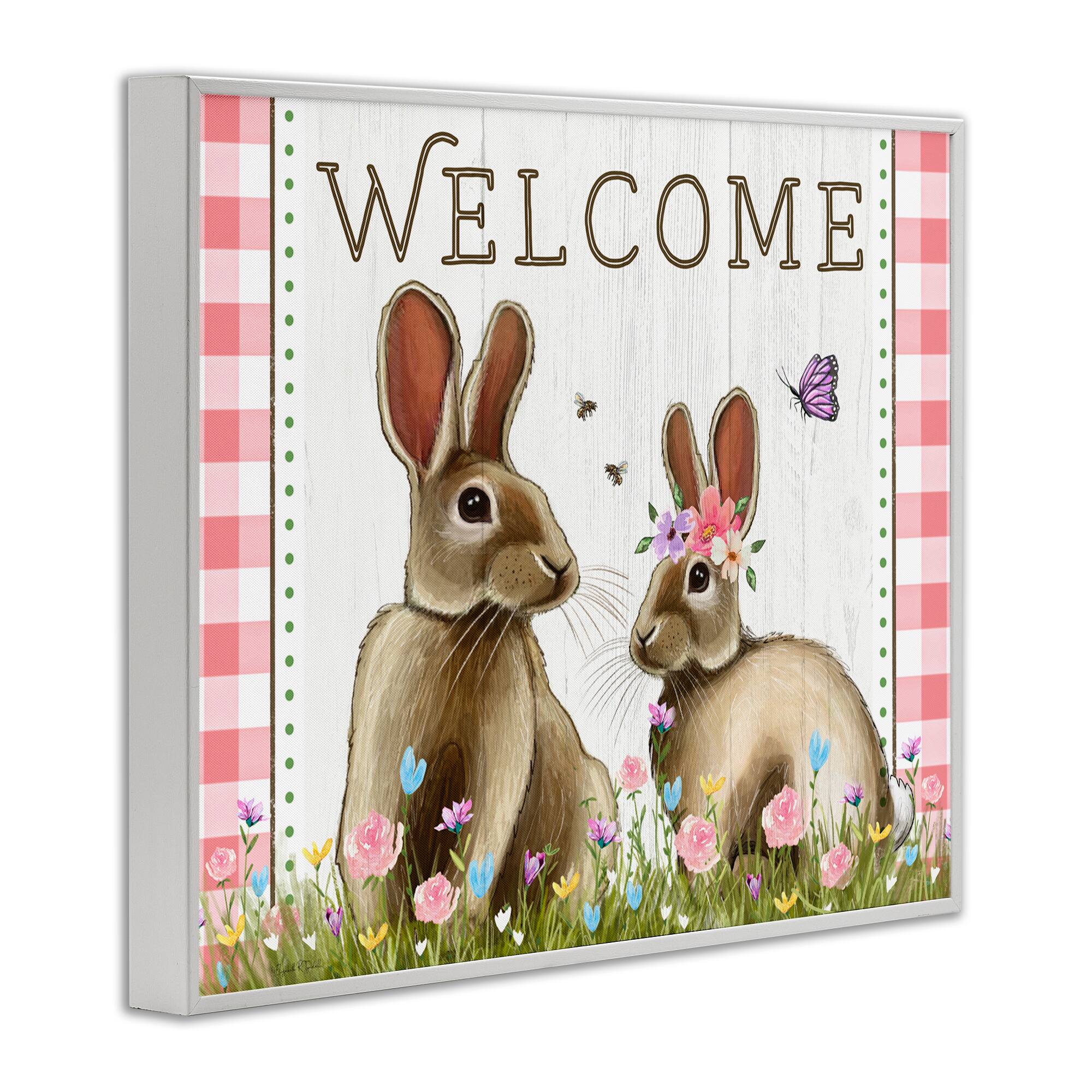 Stupell Industries Welcome Plaid Spring Garden Rabbits Framed Giclee Art