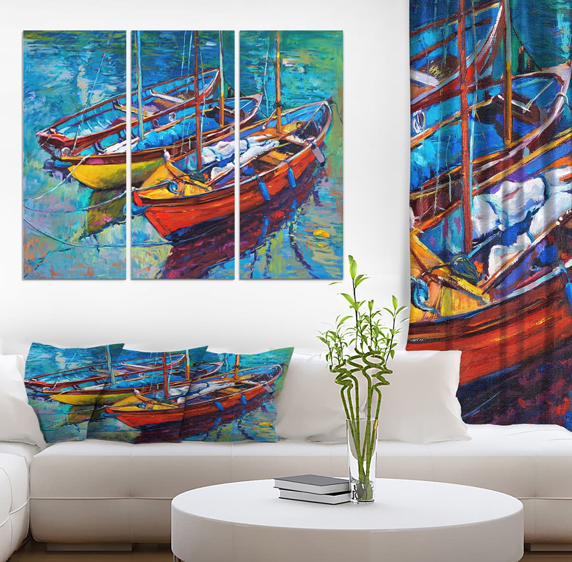 Designart - Three Fishing Boat Oil Painting - Sea & Shore Painting Print on Wrapped Canvas set