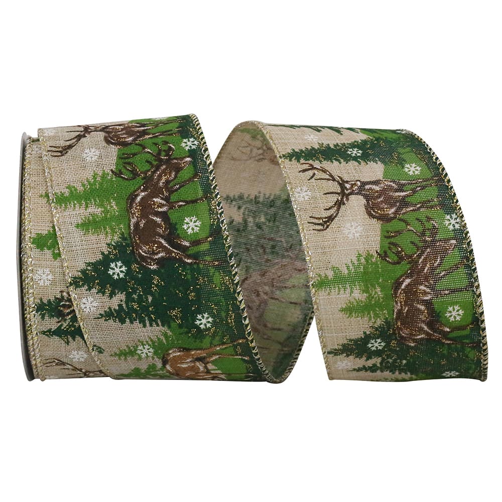 Reliant 2.5" x 10yd. Deer Forest Scene Linen Wired Ribbon