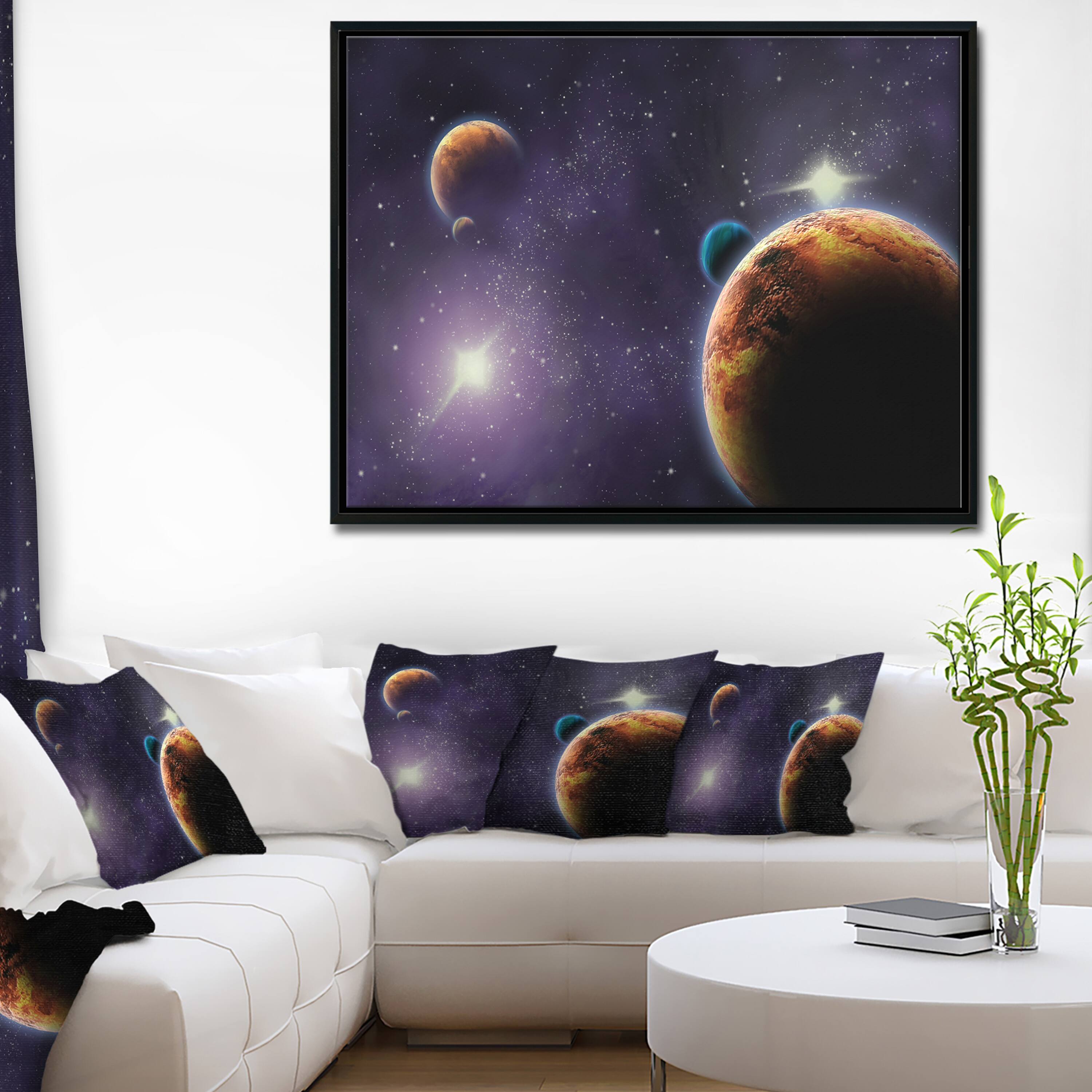 Designart - Planets in Deep Dark Space - Contemporary Canvas Artwork in Black Frame