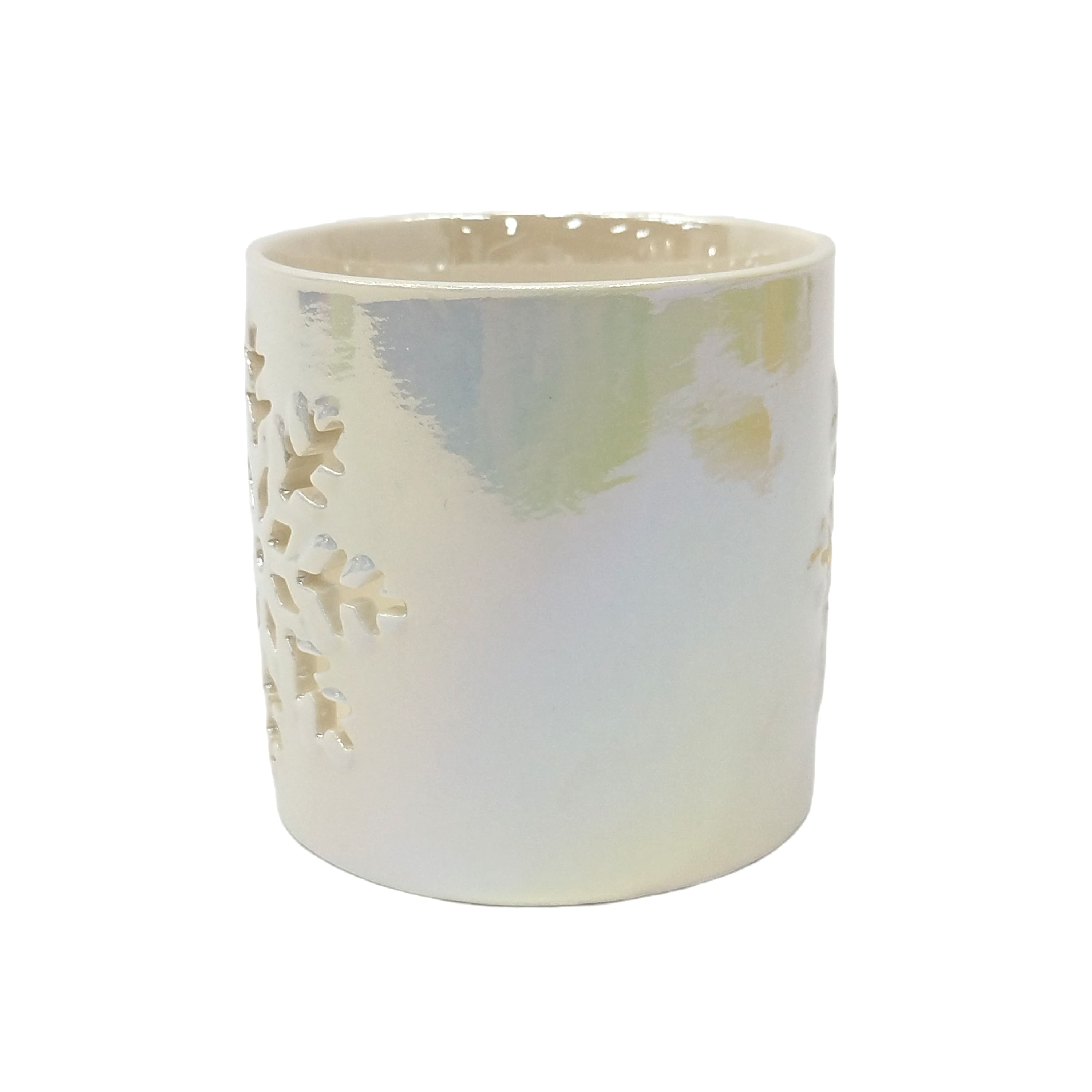 3.5&#x22; White Iridescent Snowflake Ceramic Candle Holder by Ashland&#xAE;