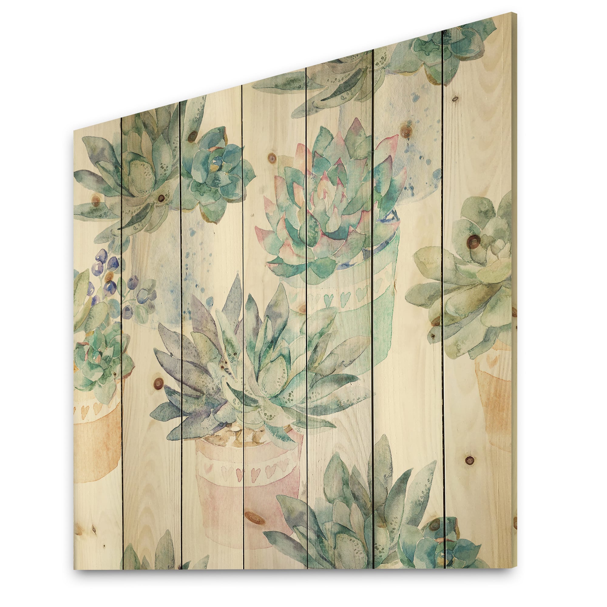 Designart - Pastel Toned Succulent Housplants - Traditional Print on Natural Pine Wood