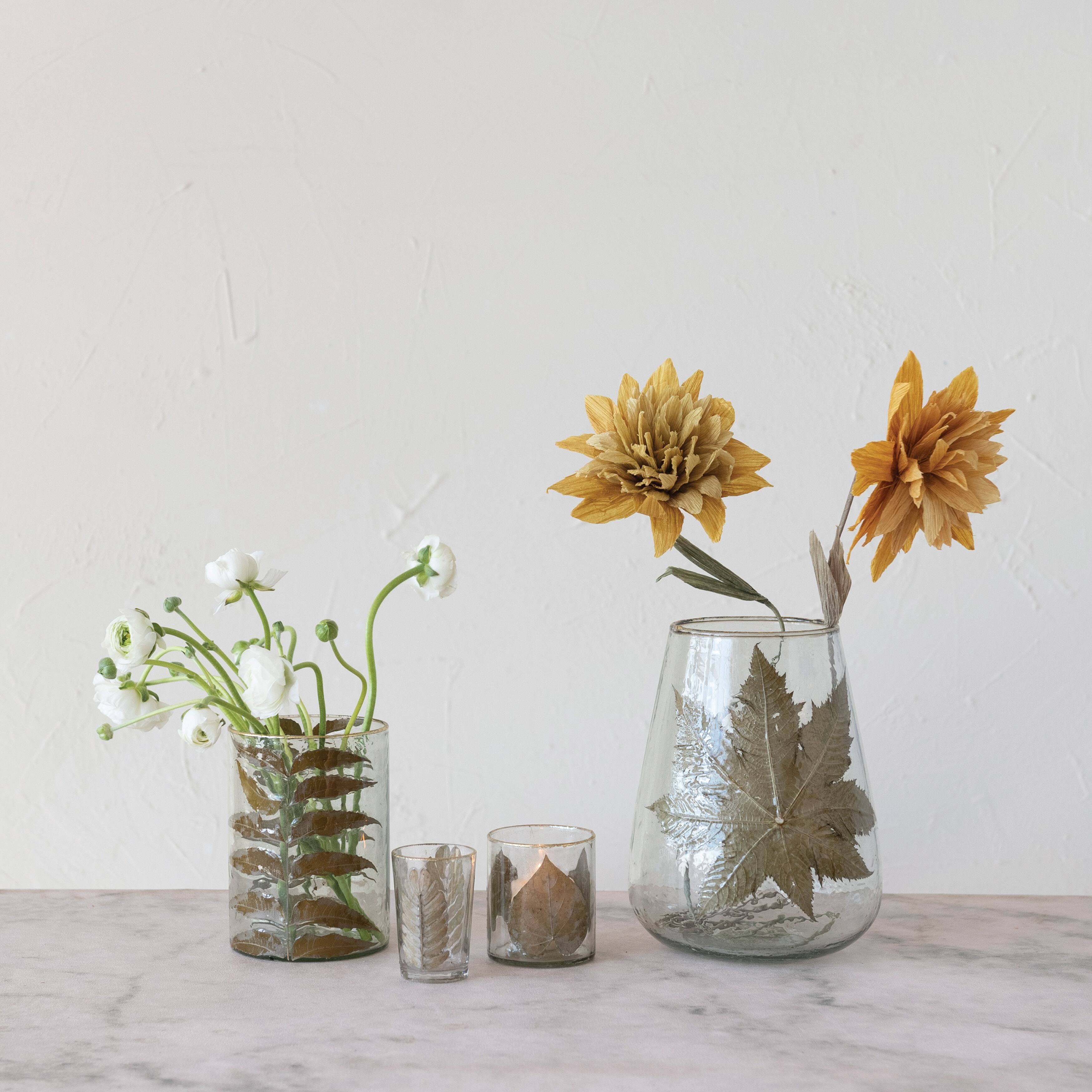 Hello Honey&#xAE; 6.5&#x22; Embedded Neem Leaves &#x26; Foil Edge Handblown Glass Hurricane