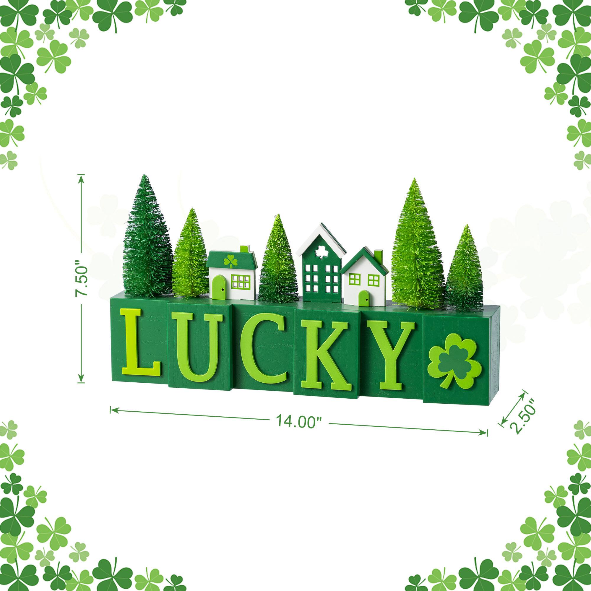 Glitzhome® 14" St. Patrick's Wooden House and Brush Trees "LUCKY" Table Decor