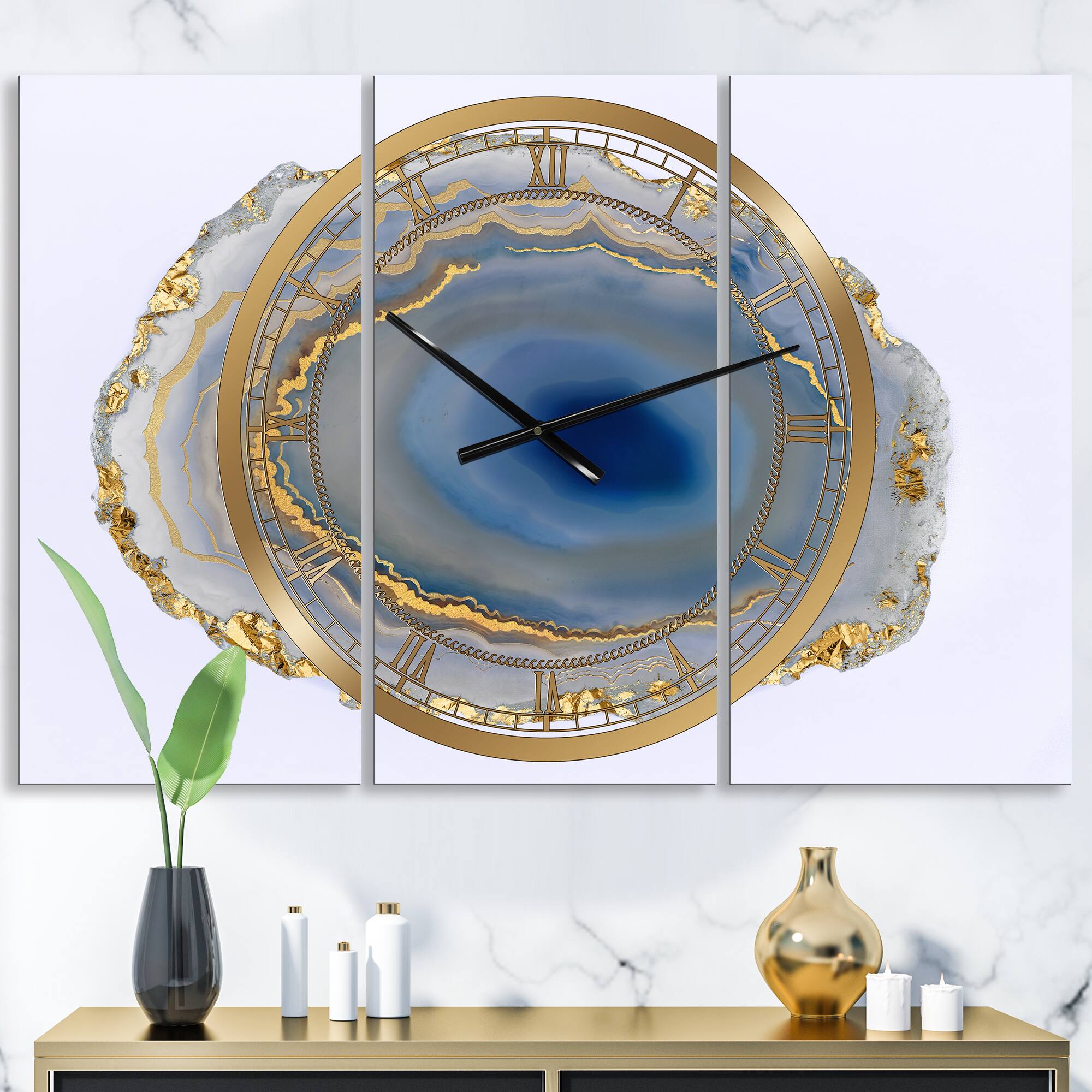 Designart Golden Water Agate Fashion 3 Panel Large Wall Clock