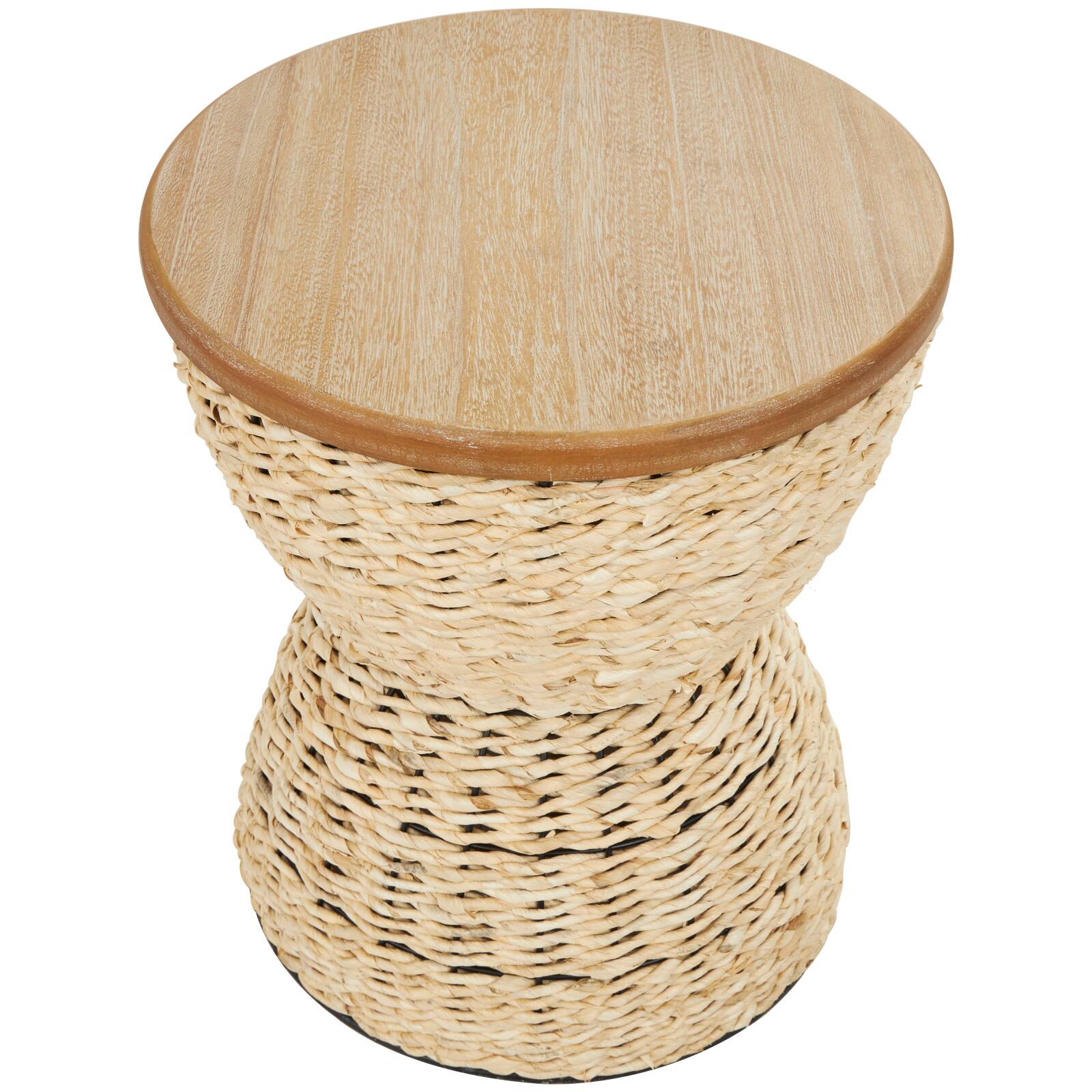 19" Rattan Woven Stool with Wood Tabletop and Black Frame