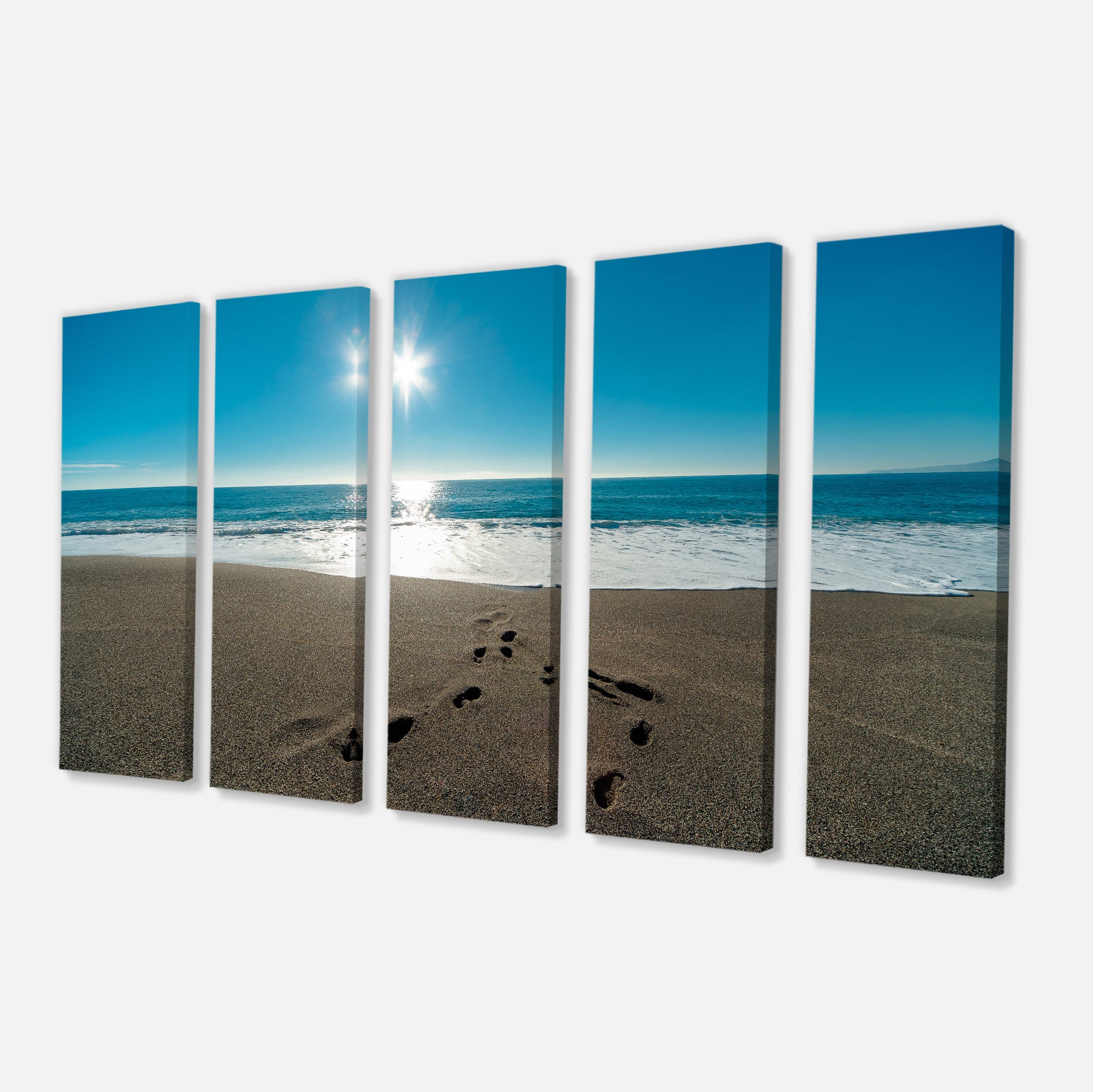 Designart - Blue Sea and Footprints in Sand - Large Seascape Art Canvas Print