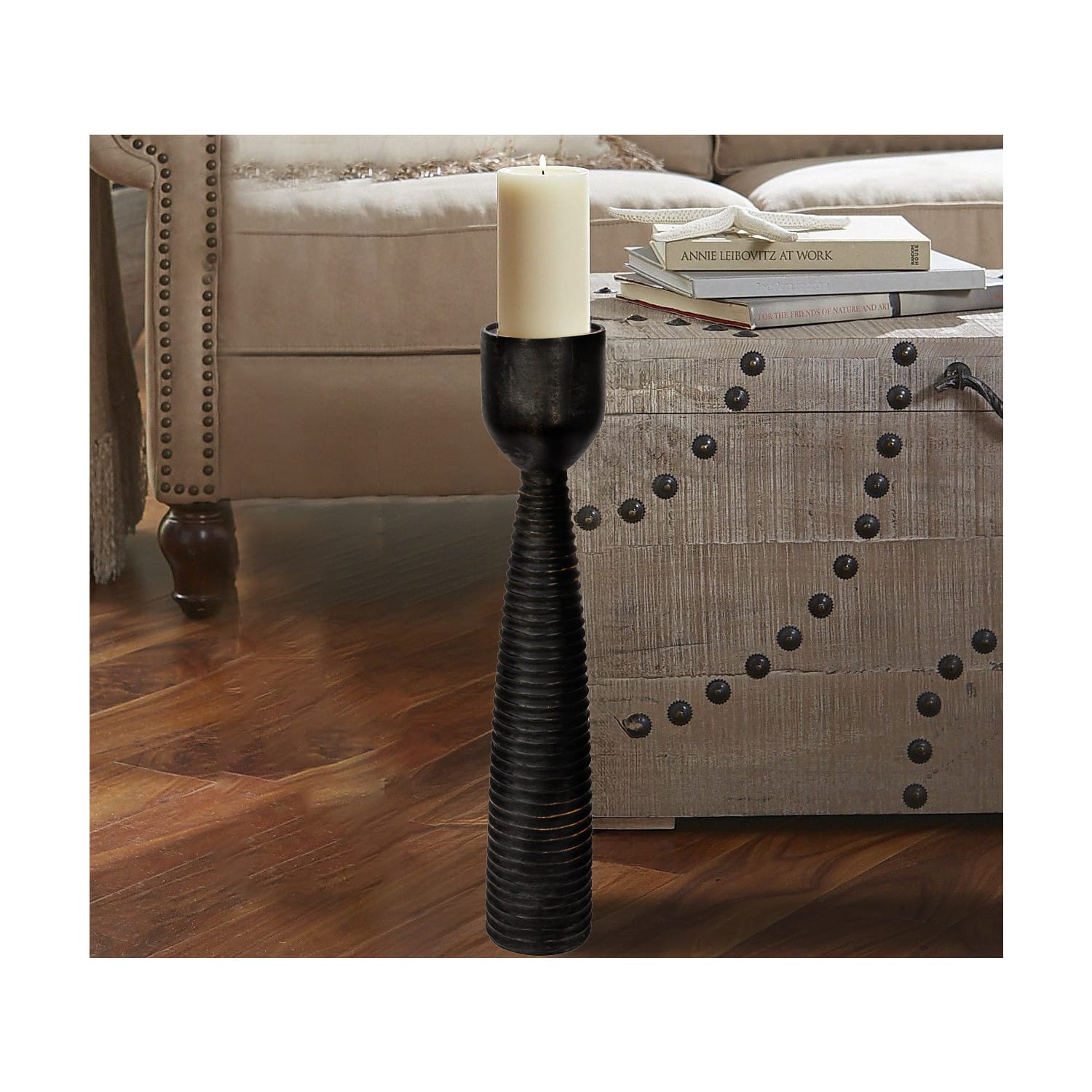 Hello Honey&#xAE; 20&#x22; Black Mango Wood Ribbed Pillar Candle Holder