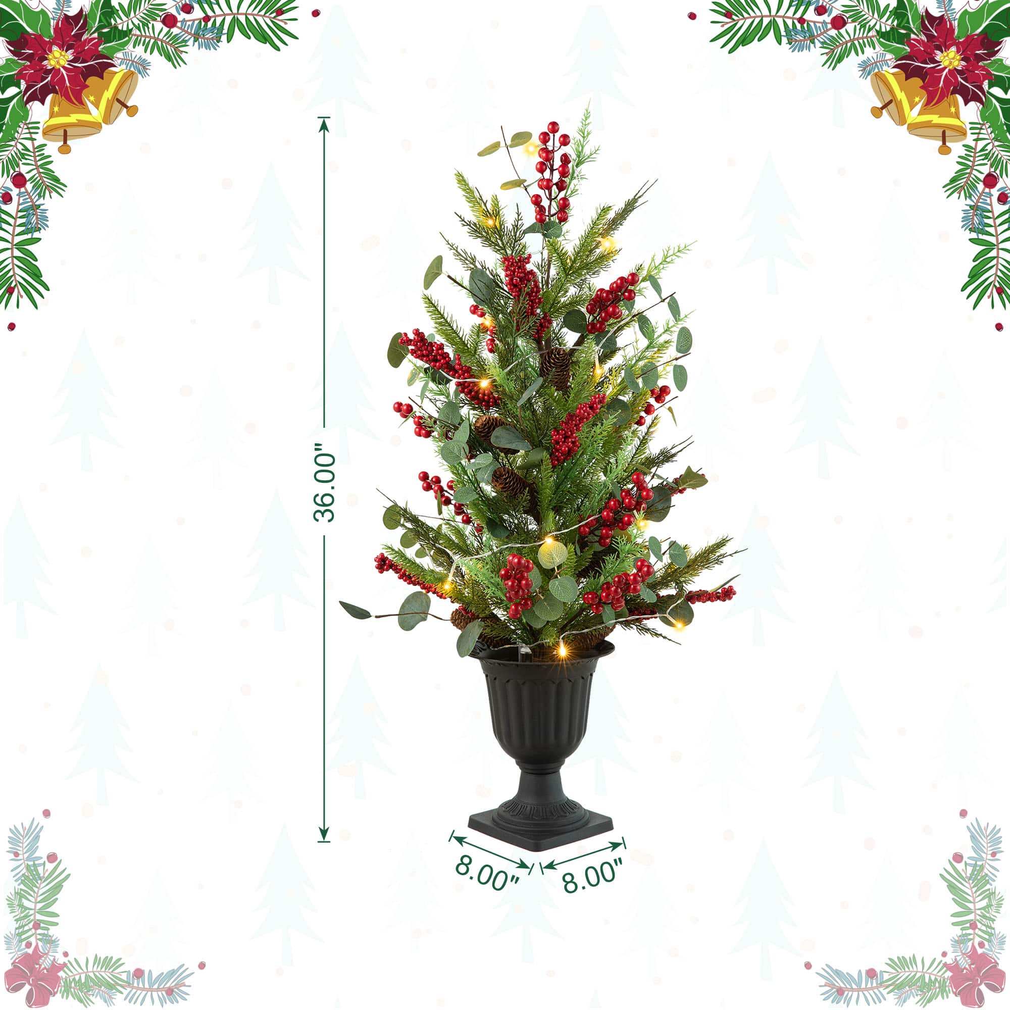 3ft. Pre-Lit Pine Needle &#x26; Eucalyptus Leaf Artificial Urn Christmas Porch Tree, Warm White LED Lights